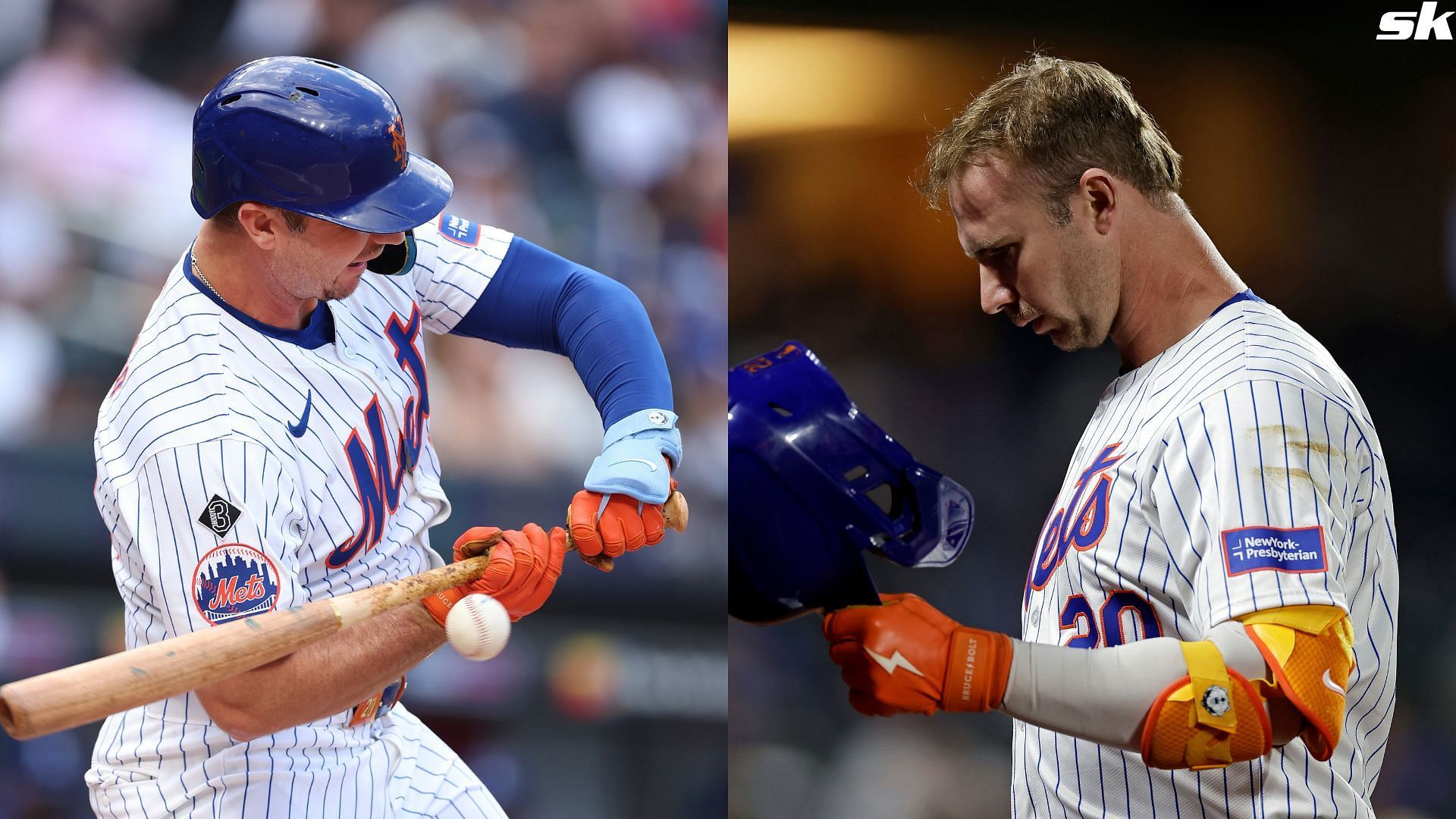 Pete Alonso of the New York Mets is hit in the right hand by a pitch against the Los Angeles Dodgers during their game at Citi Field