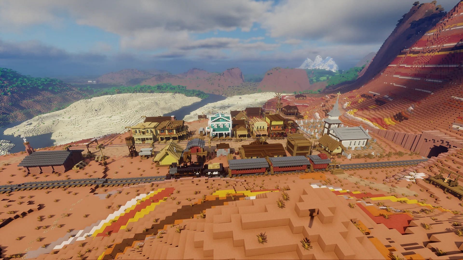 This Minecraft Red Dead Redemption build adds some Wild West flair to this badlands biome (Image via Walzon_/Reddit)