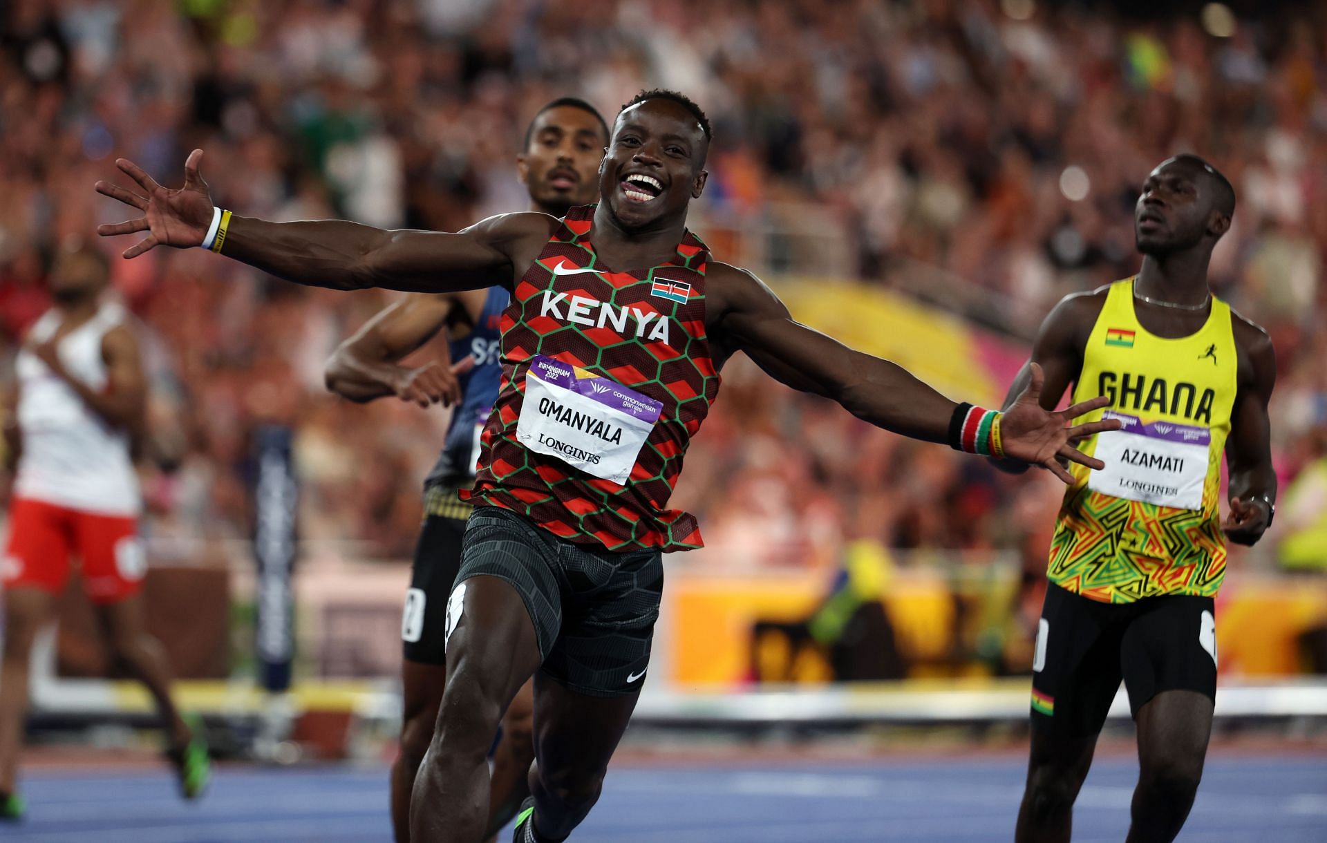 Ferdinand Omanyala of Team Kenya celebrates after winning the Gold medal in the Men&#039;s 100m Final on at the 2022 Birmingham 2022 Commonwealth Games in England.