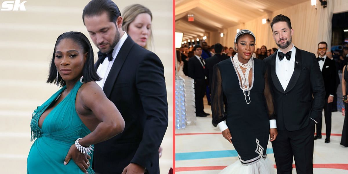 Serena Williams and Alexis Ohanian at the 2017 (L) and 2023 (R) Met Gala