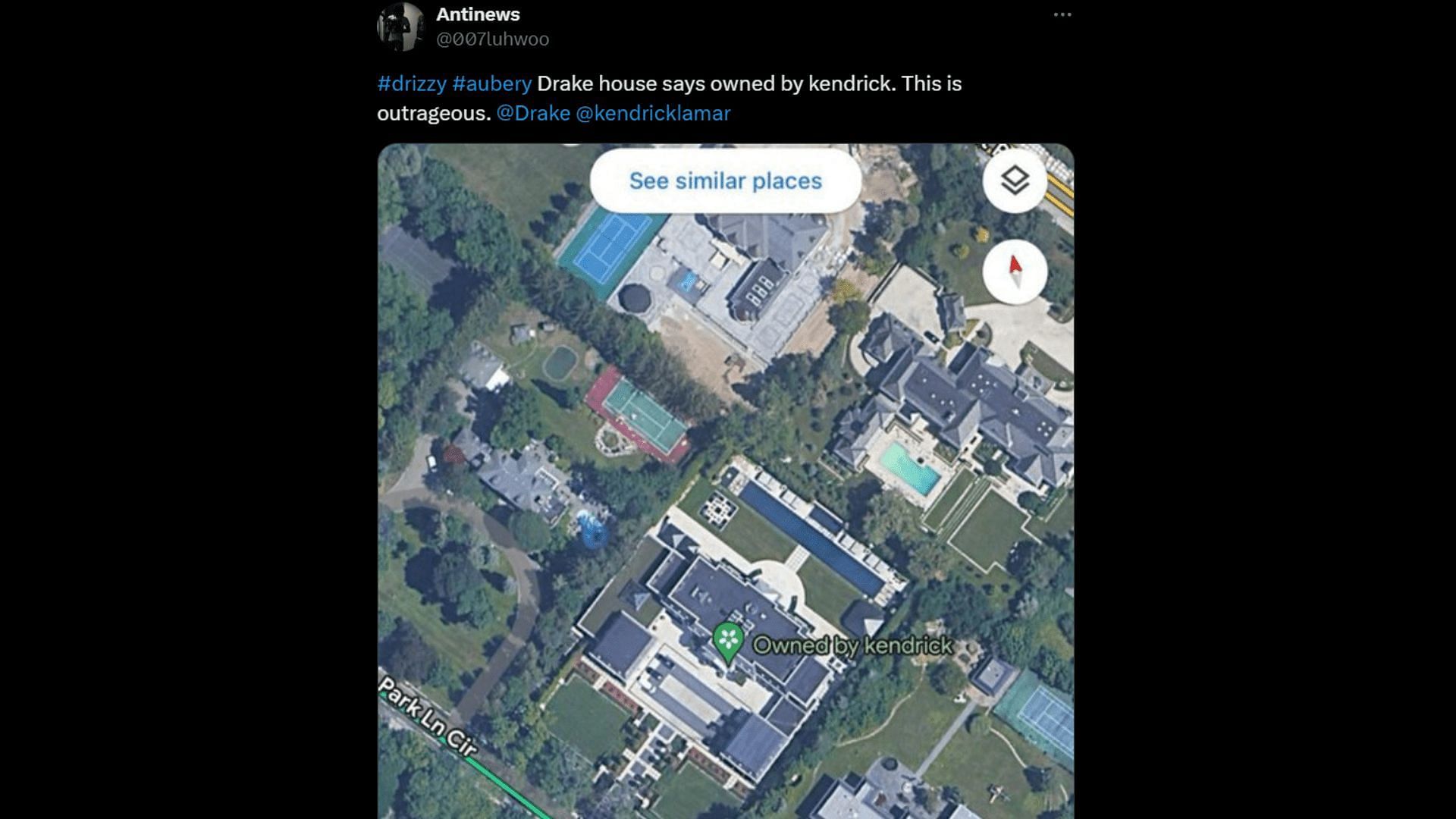 A netizen responds to the Google Maps renaming of Drizzy&#039;s house as &quot;outrageous.&quot; (Image via X/ 007luhwoo)