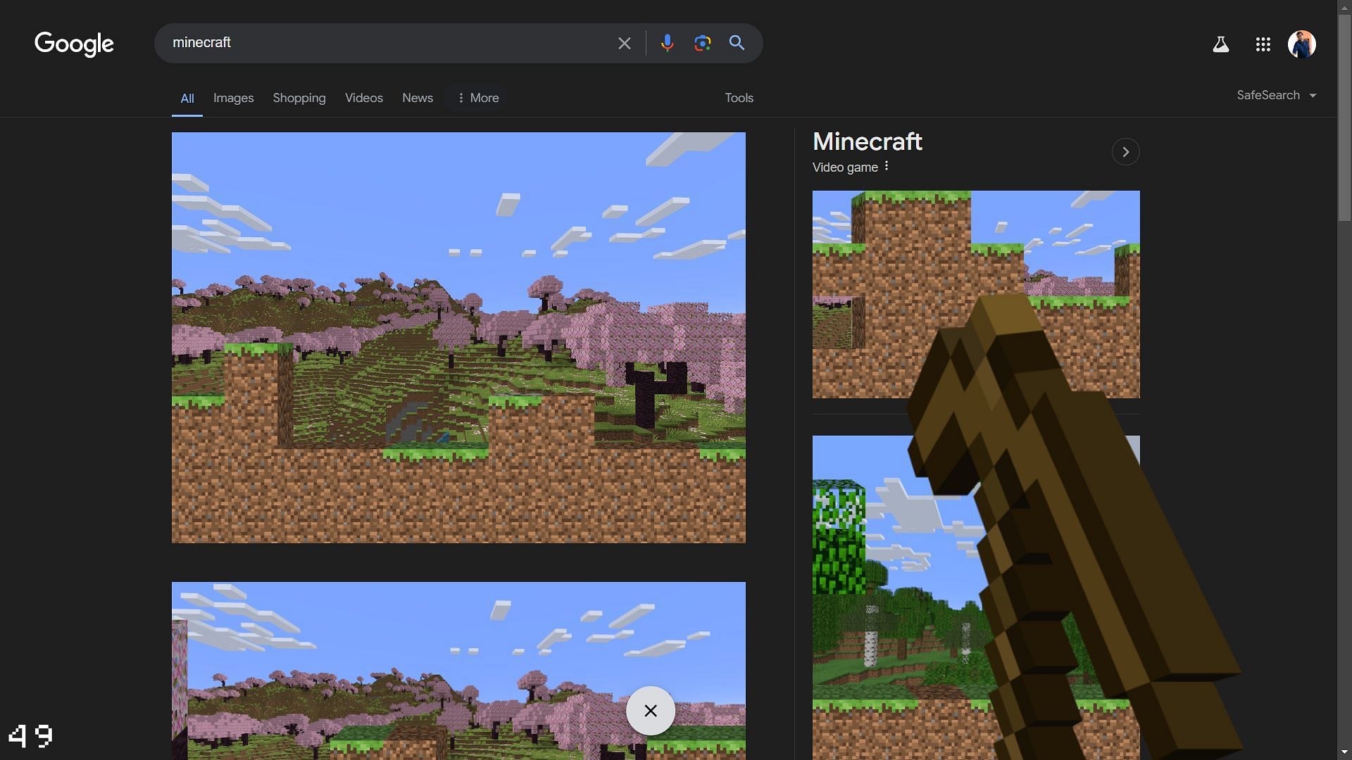 Searching Minecraft on Google starts a special hidden game (Image via Google)