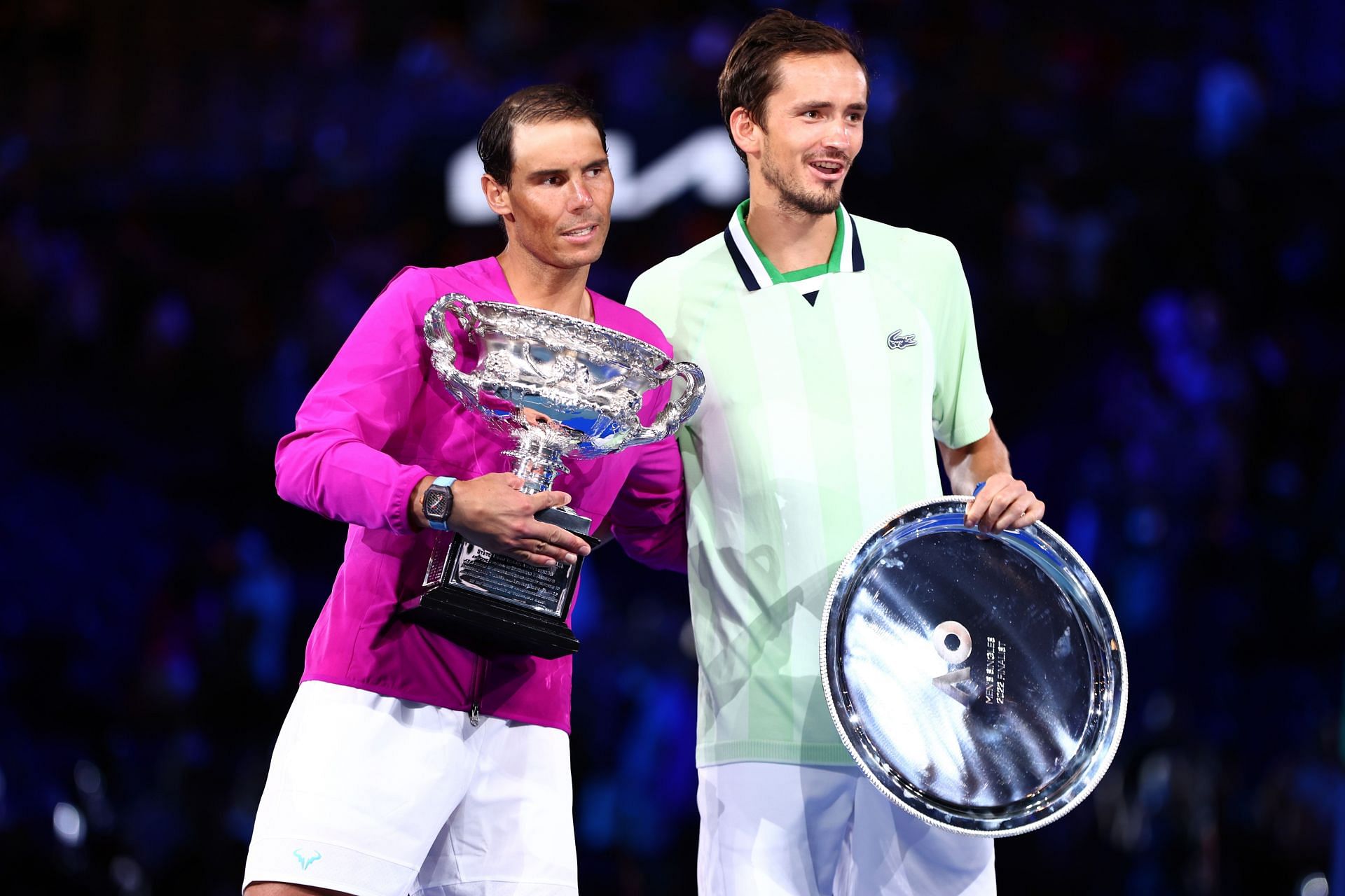 Rafael Nadal (L) and Daniil Medvedev pictured at the 2022 Australian Open