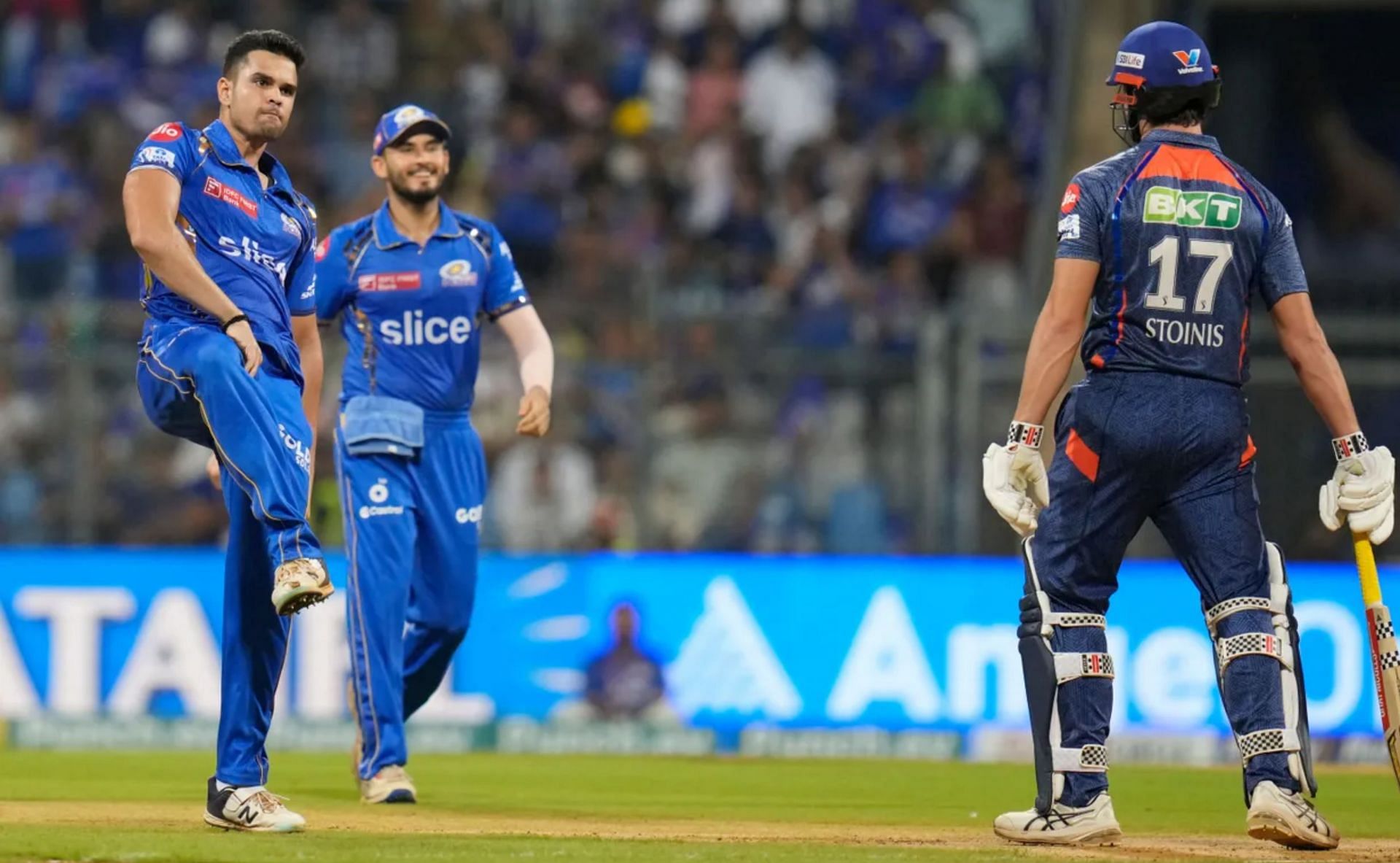 Arjun Tendulkar celebrating during MI vs LSG IPL 2024 match on Friday. (PC: BCCI)