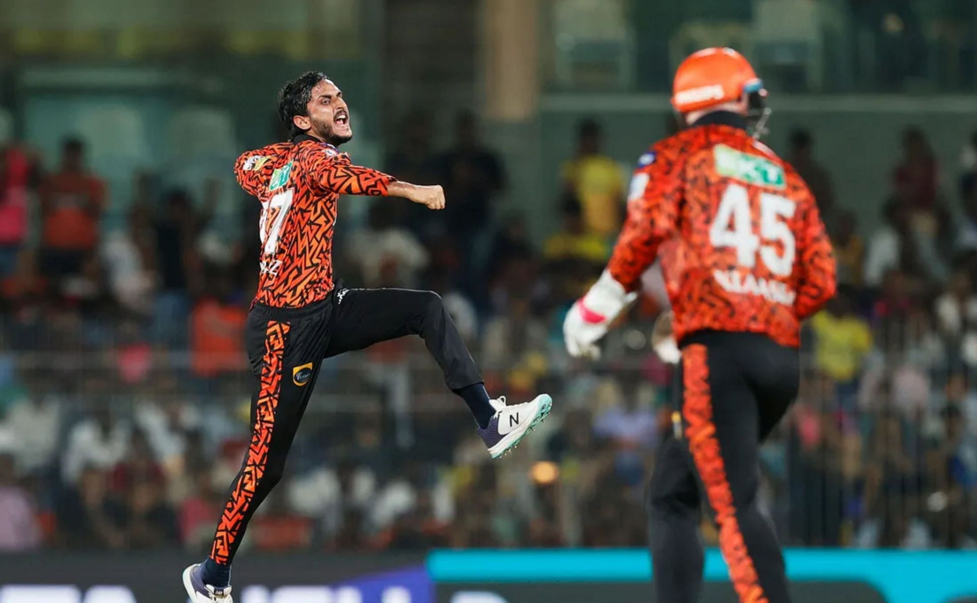 Shahbaz Ahmed celebrating after picking up a wicket vs RR. (PC: BCCI)