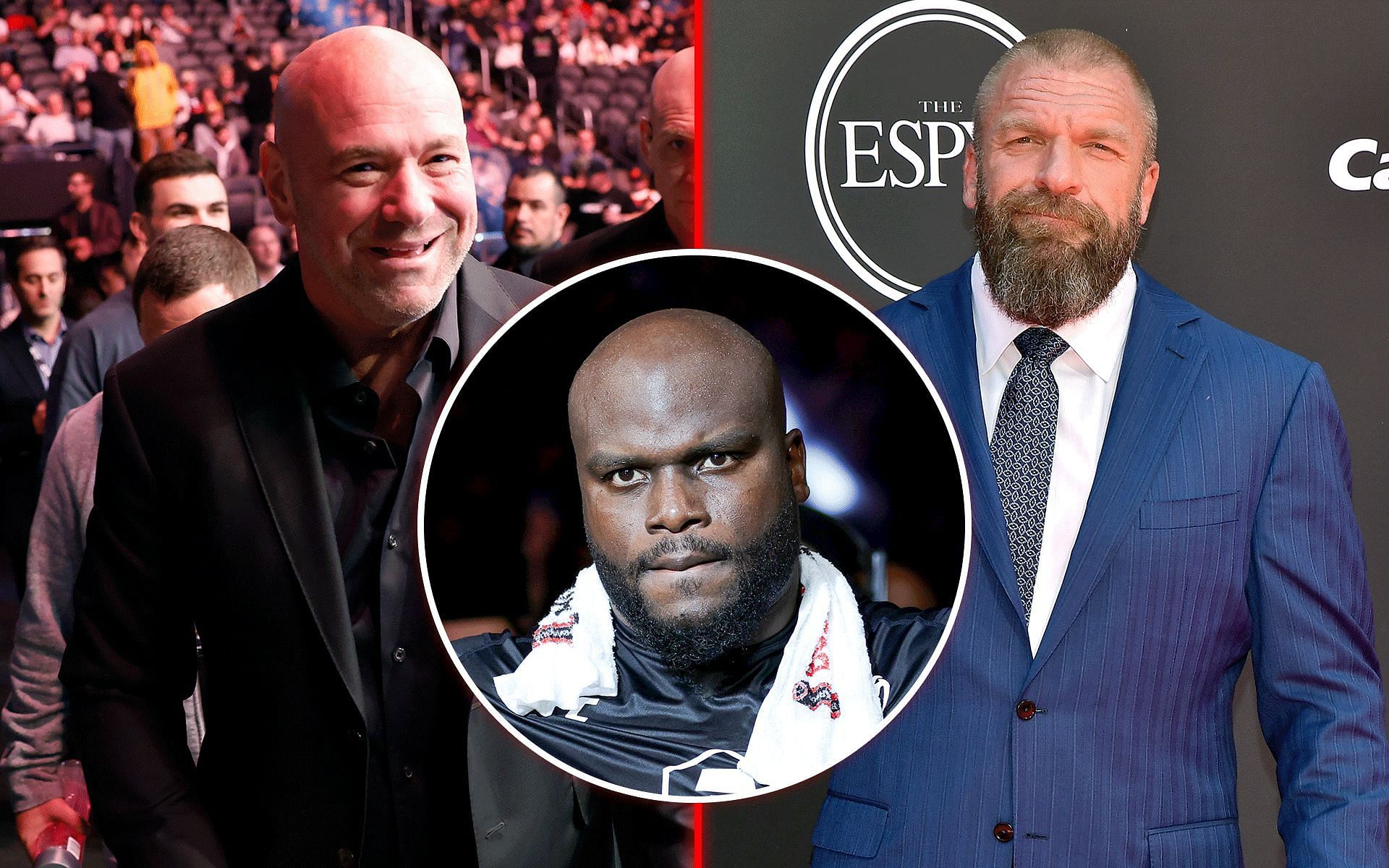 Dana White (left) reacts to Derrick Lewis (inset) and other UFC fighters joining WWE [Images courtesy: Getty]