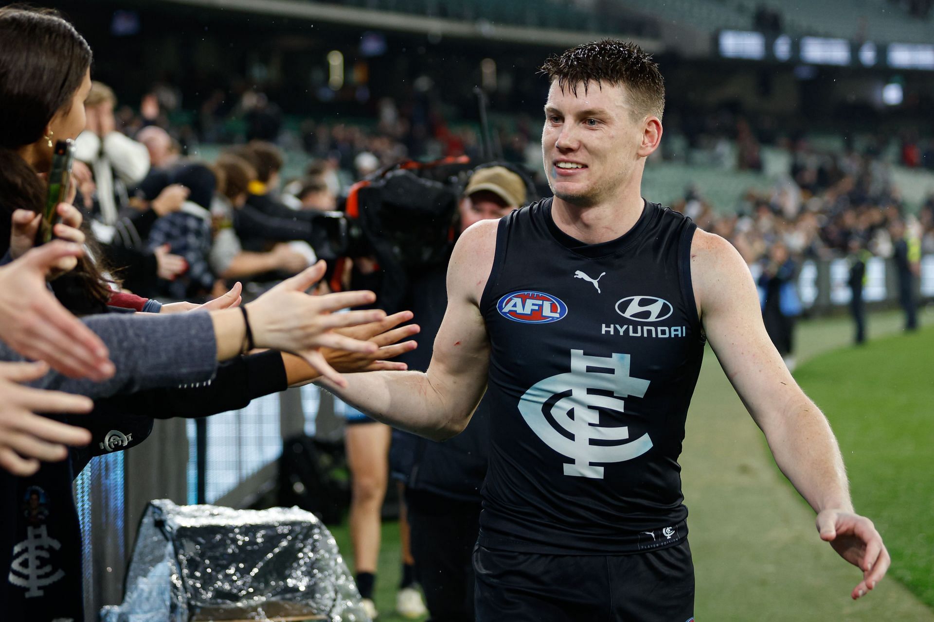 Sam Walsh of the Blues celebrates during the 2024 AFL Round 09 match between the Carlton Blues and the Melbourne Demons