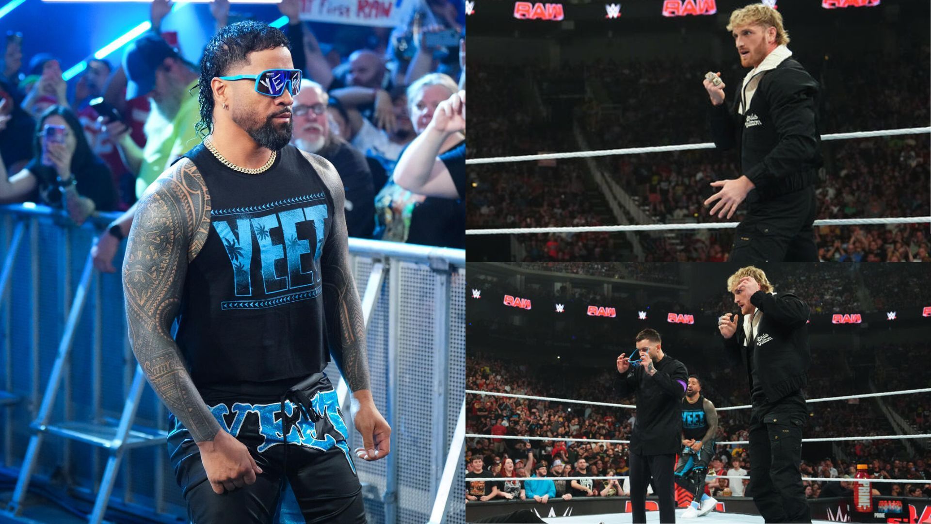 Jey Uso (left), Logan Paul and The Judgment Day (right)