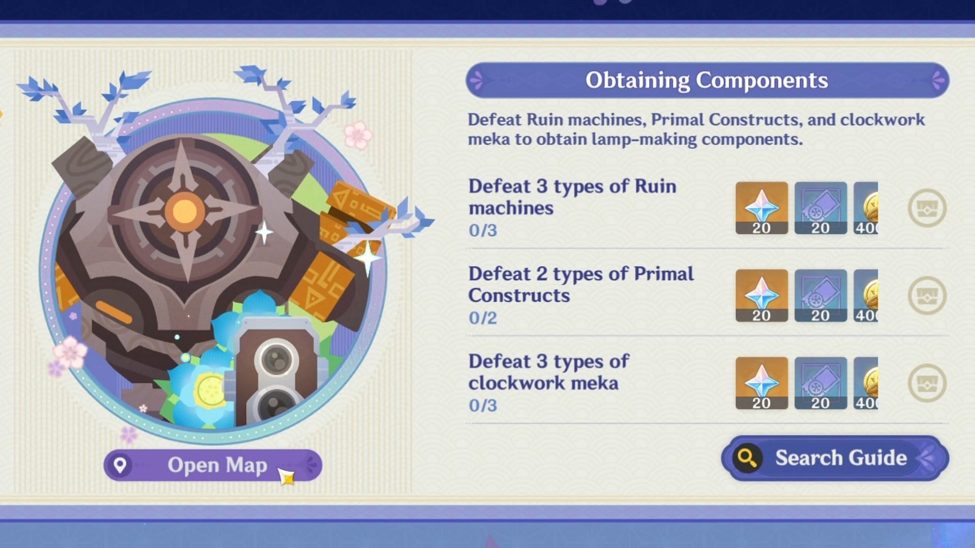 Locations for different types of Ruin Machines, Primal Constructs, Clockwork Meka (Image via HoYoverse)