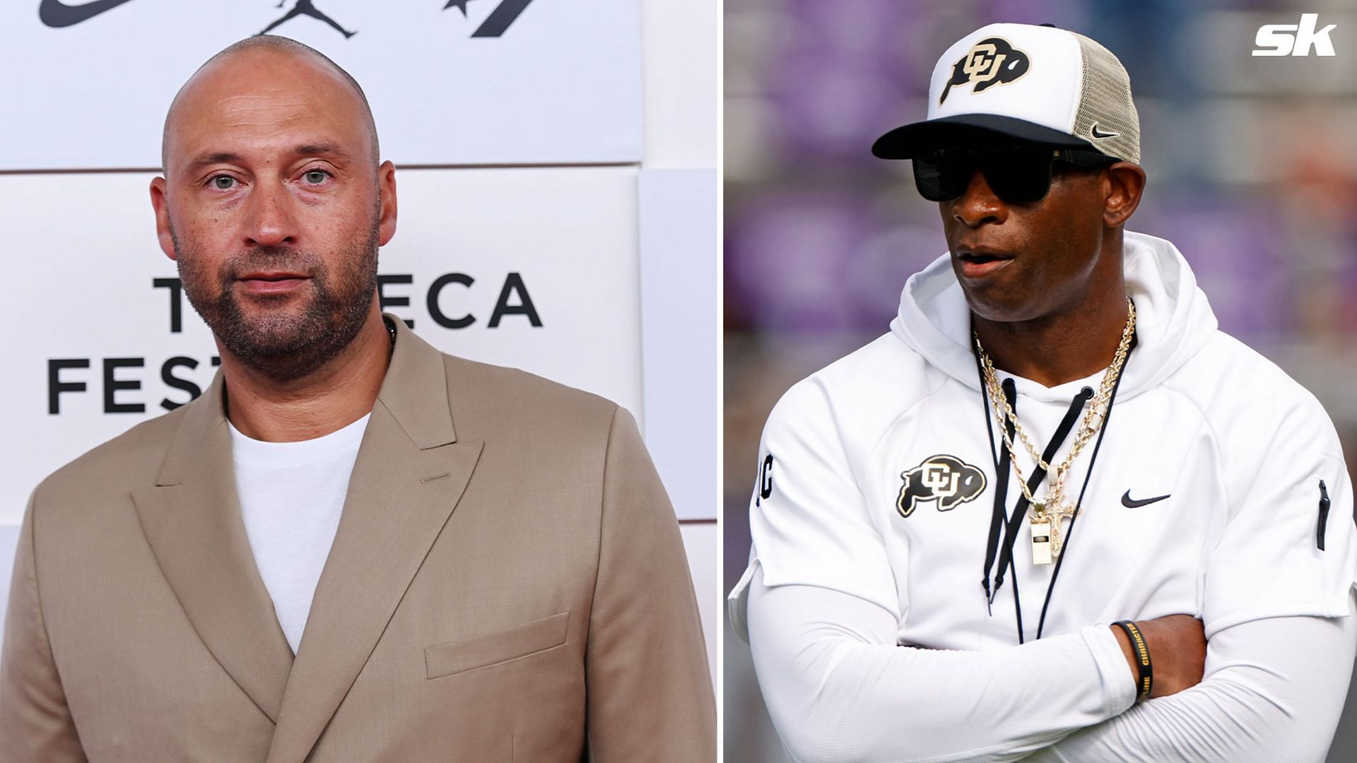 Derek Jeter shares a frame with NFL legend Deion Sanders at Fox Sports studio