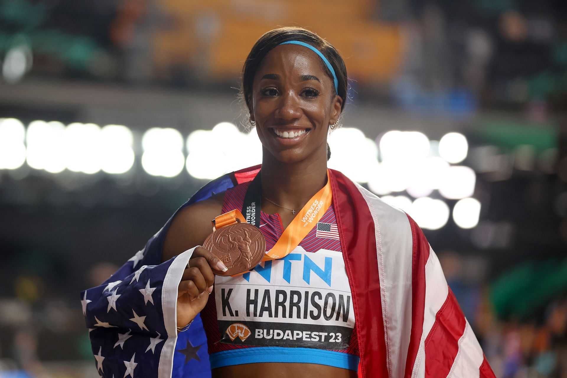 Kendra Harrison reacts after competing in the Women&#039;s 100m Hurdles Final at the World Athletics Championships Budapest 2023. (Photo by Christian Petersen/Getty Images for World Athletics)