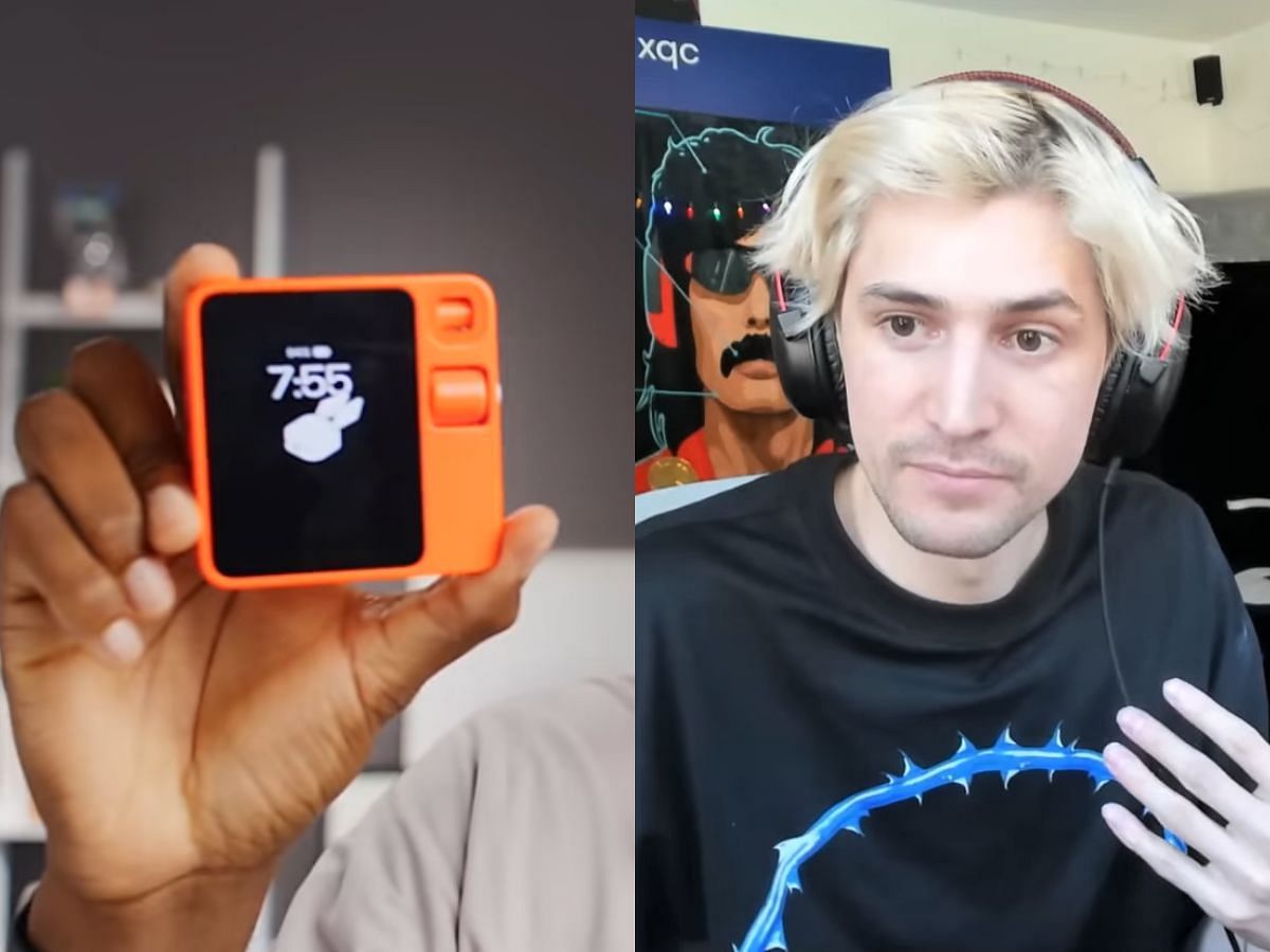 xQc gives his take on the recent Rabbit R1 gadget (Image via YouTube/Marques Brownlee and Twitch/xQc)