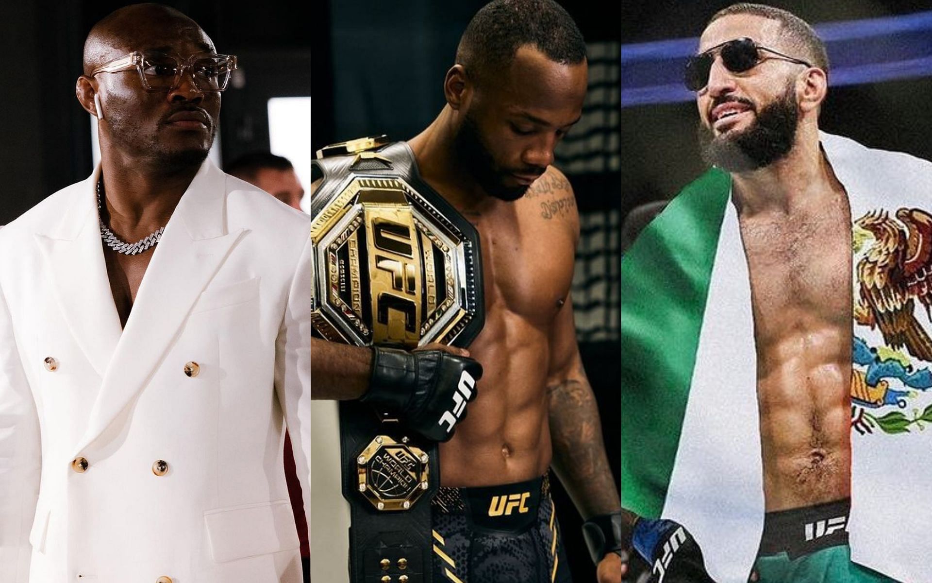 Kamaru Usman (left) predicts Leon Edwards (middle) vs. Belal Muhammad (right) [Images courtesy @usman84kg @leonedwardsmma and bullyb170 on Instagram]