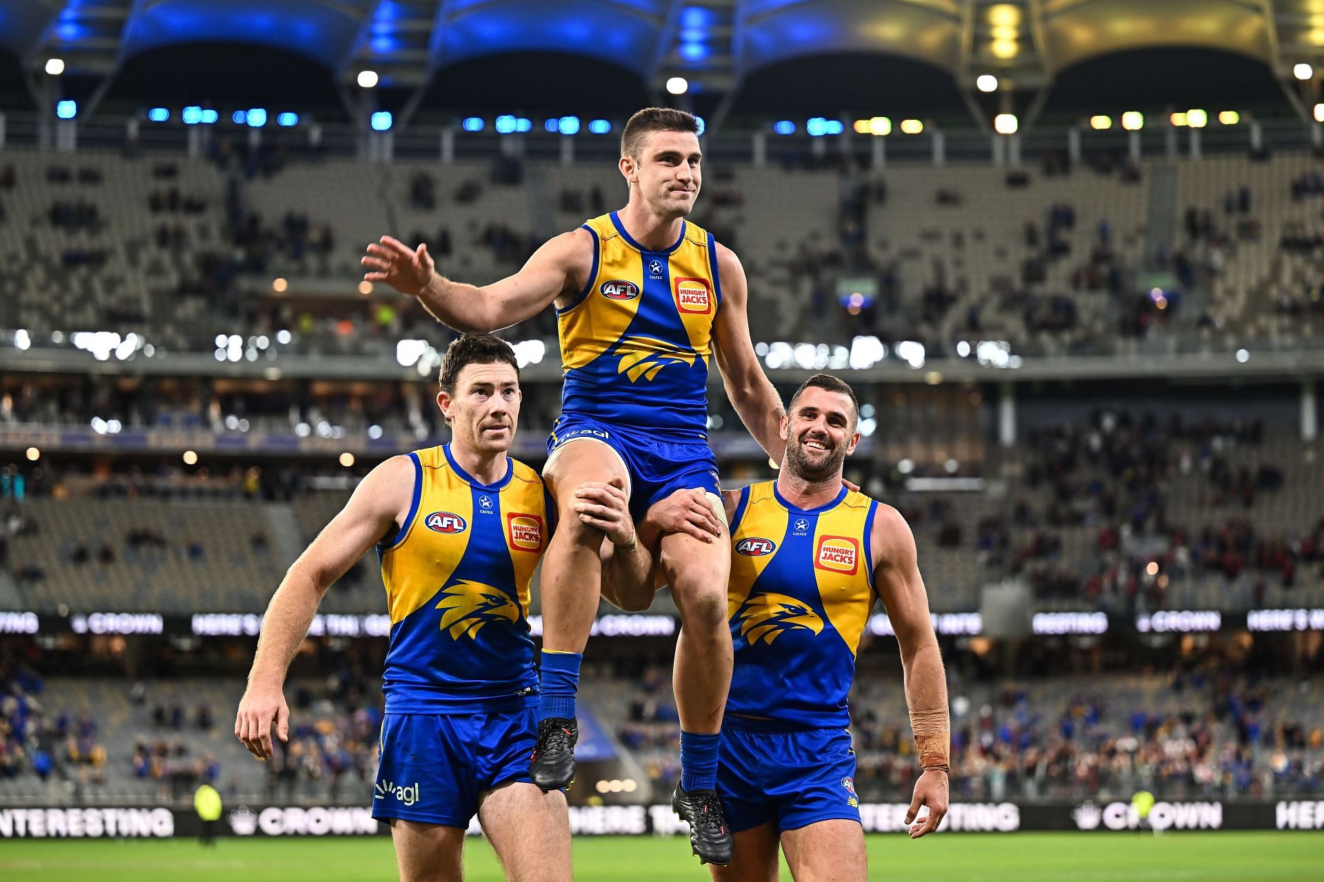 Elliot Yeo of the Eagles is chaired off in his 200th game during the 2024 AFL round eight match