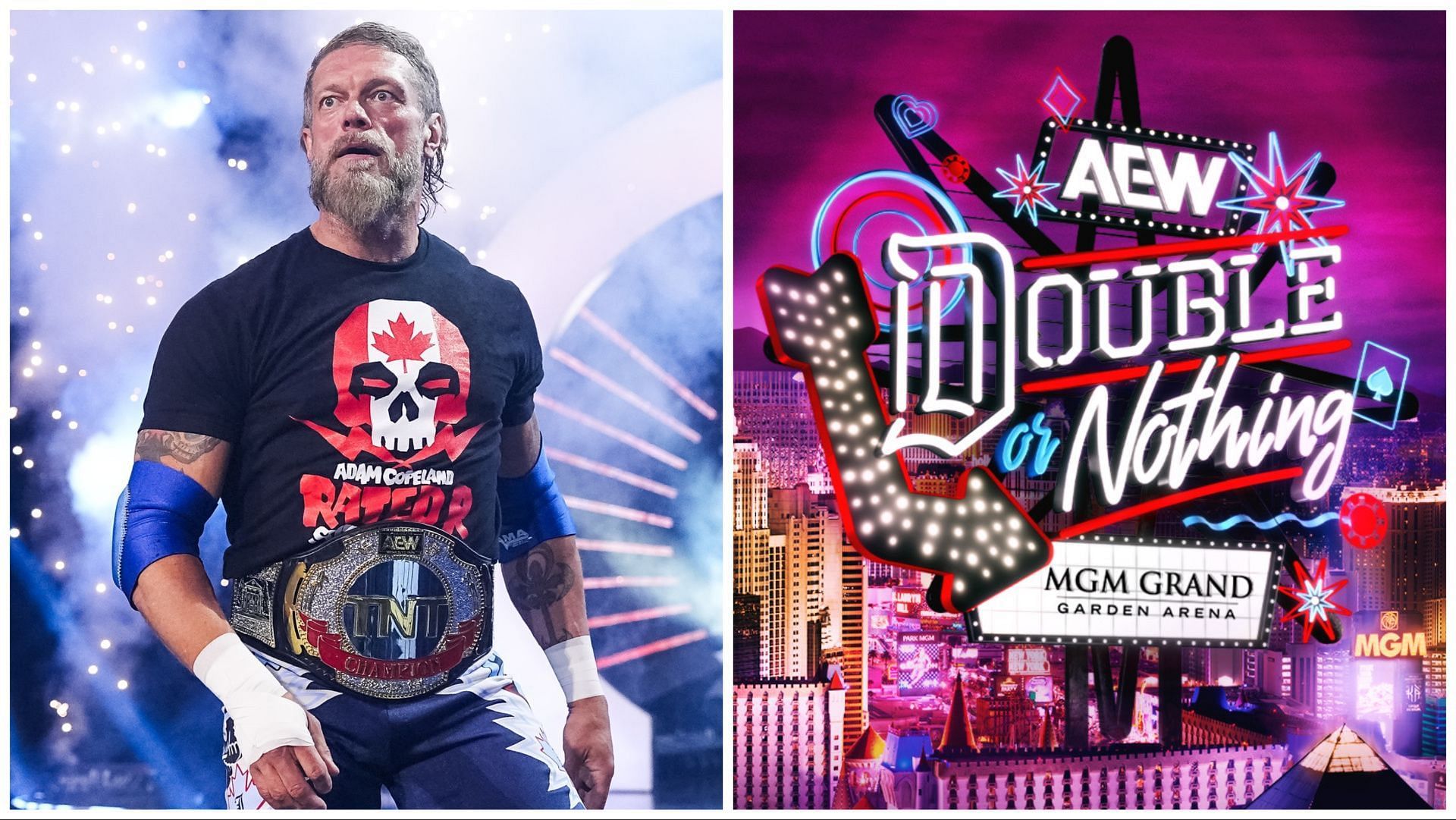 Adam Copeland on AEW Dynamite with the TNT Championship, the logo for AEW Double Or Nothing 2024