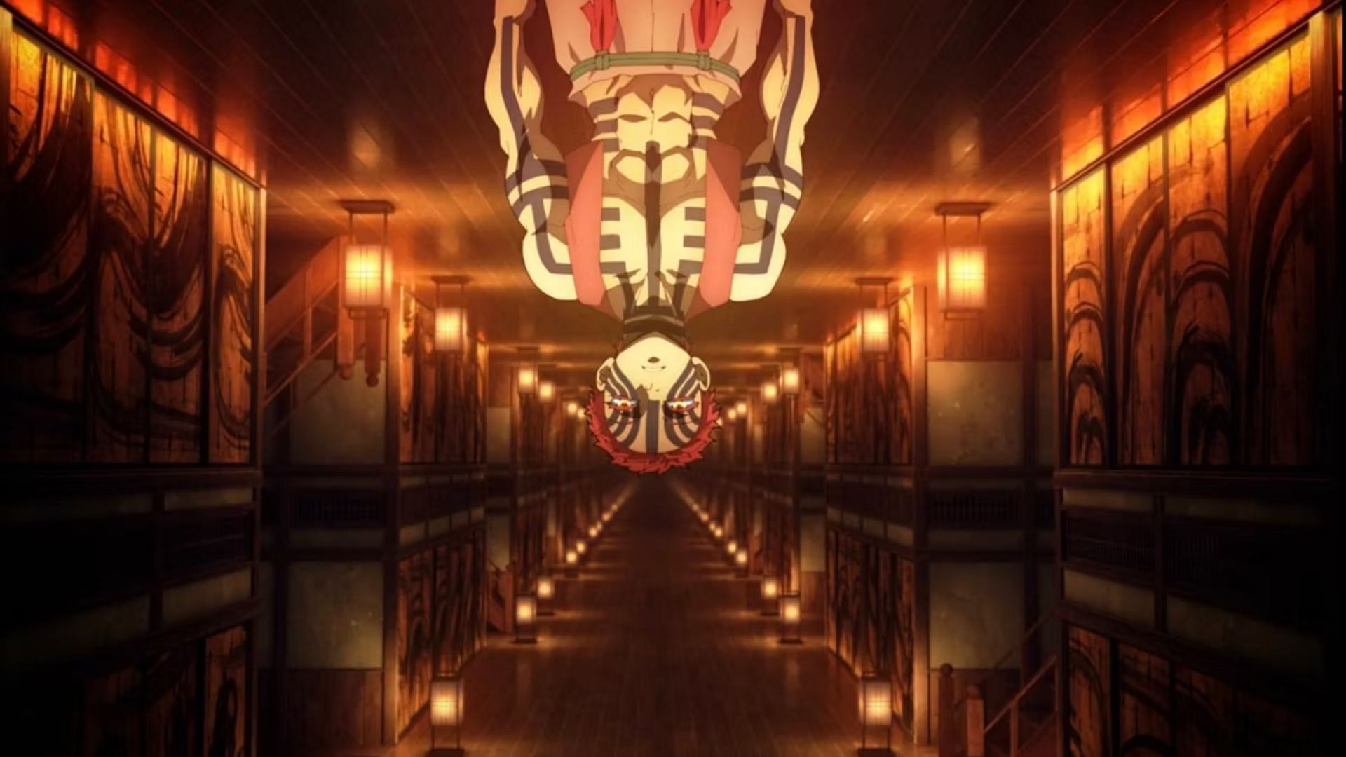 Akaza viene mostrato mentre cammina a testa in giù nel castello (Immagine via Studio Ufotable)