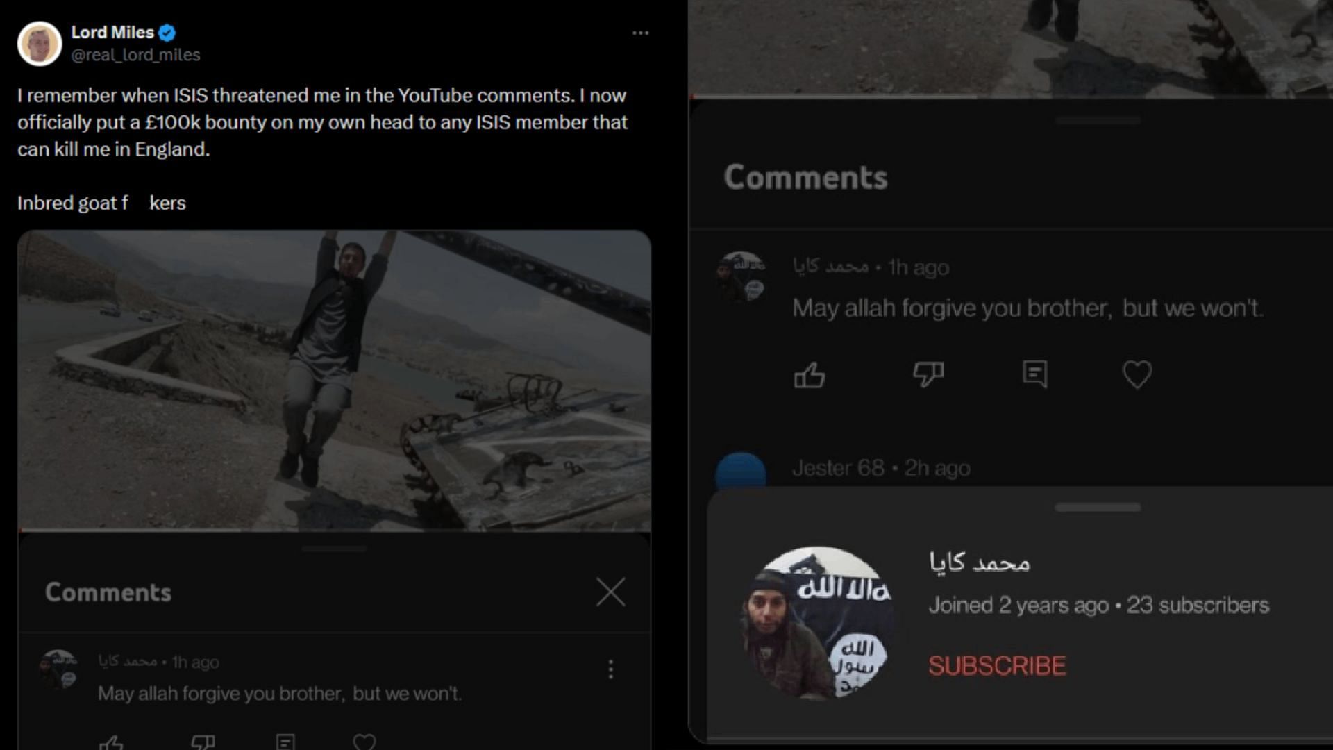 Miles had allegedly been threatened by a member of ISIS on YouTube (Image via real_lord_miles/X)