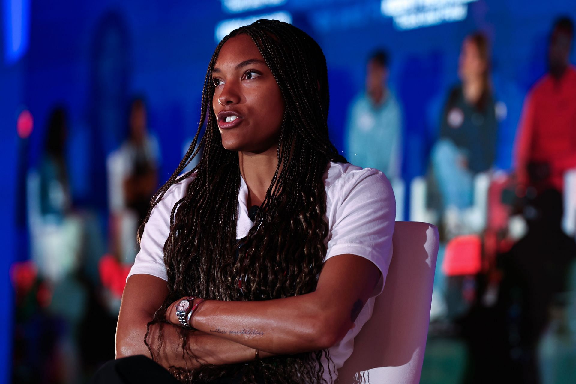 Tara Davis-Woodhall speaks during the Team USA Media Summit in New York City.