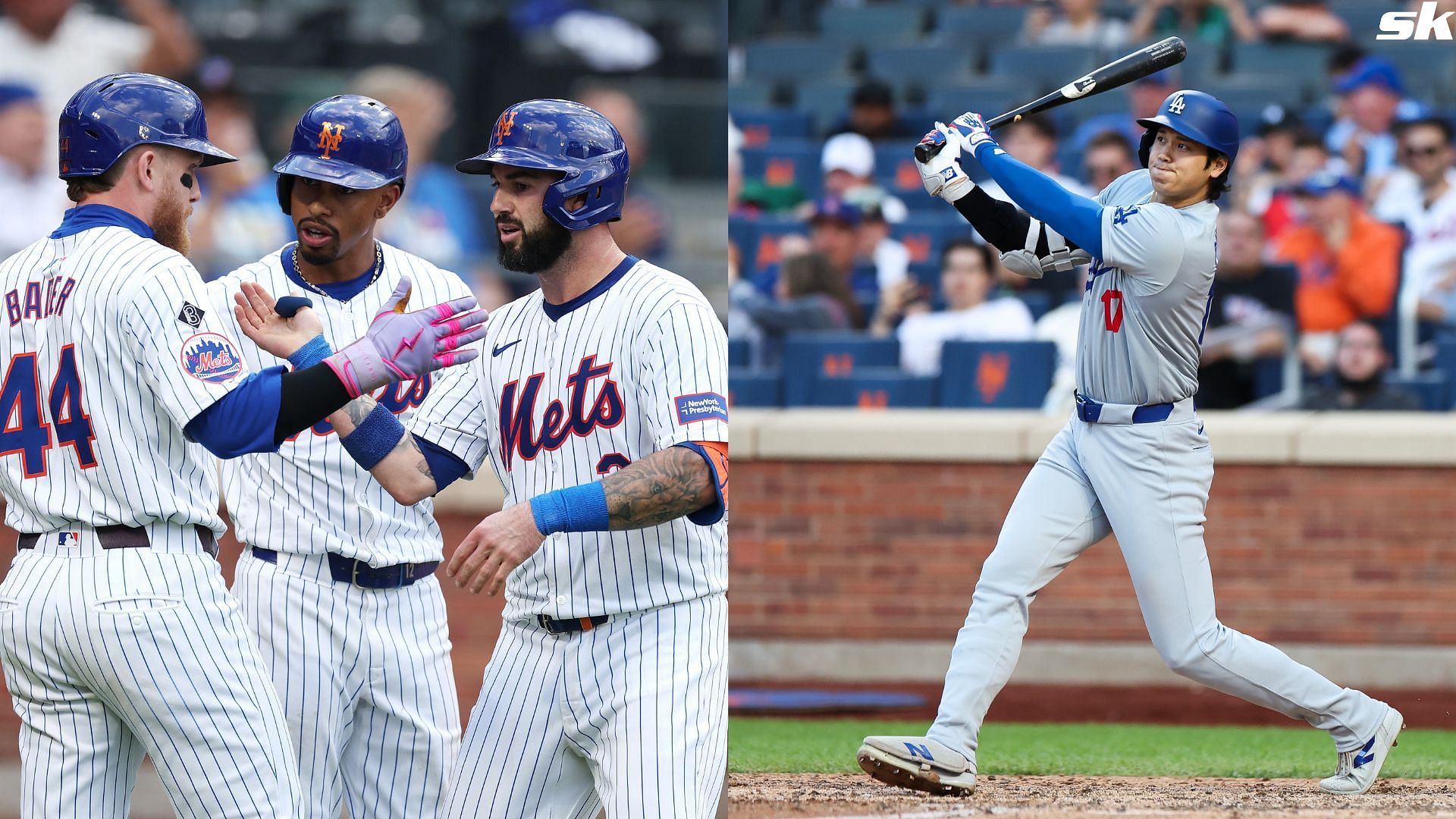 Shohei Ohtani of the Los Angeles Dodgers hits a two-run home run against the New York Mets at Citi Field