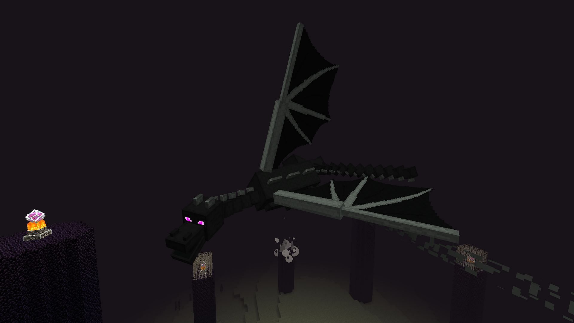 The Minecraft ender dragon flying above an attacking player (Image via Mojang)