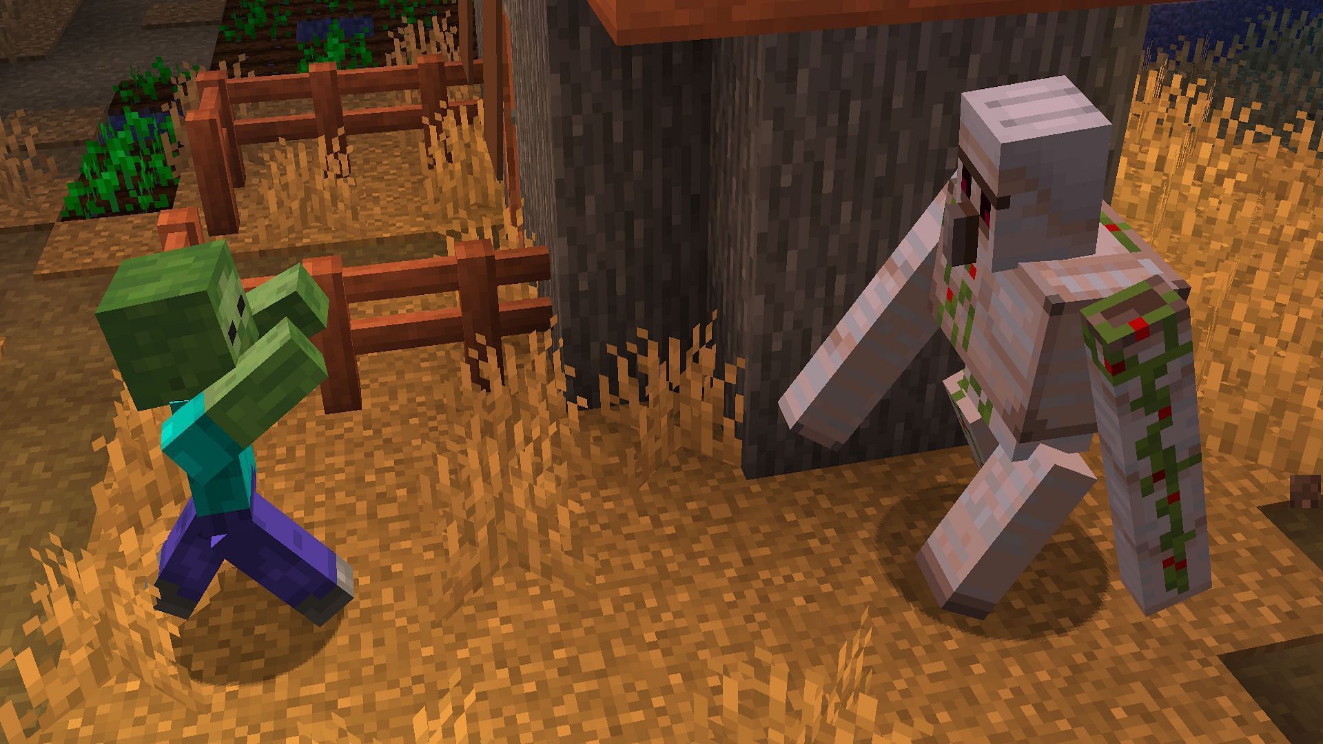 It shouldn&#039;t take long for an iron golem to end up damaged (Image via Mojang)