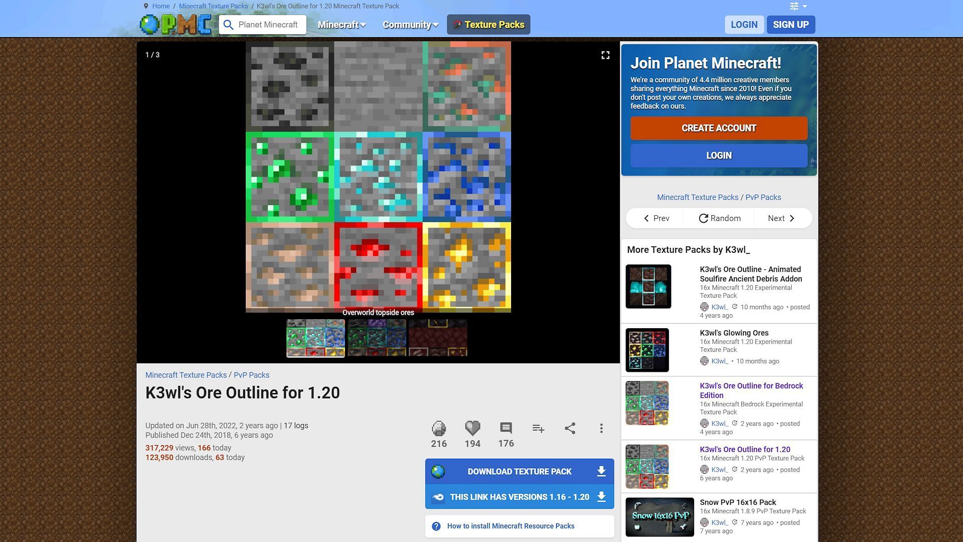 The website for K3wl&#039;s Java Ore Outline texture pack (Image via PlanetMC)
