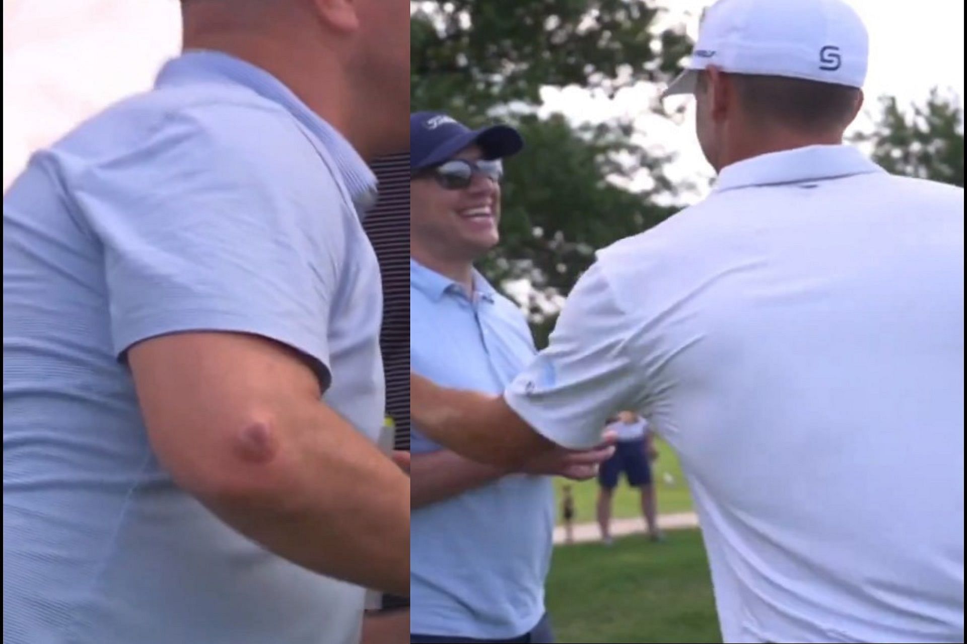 Jordan Spieth meets fan after his tee shot accidentally hit his elbow during the CJ Cup Byron Nelson, Round 2
