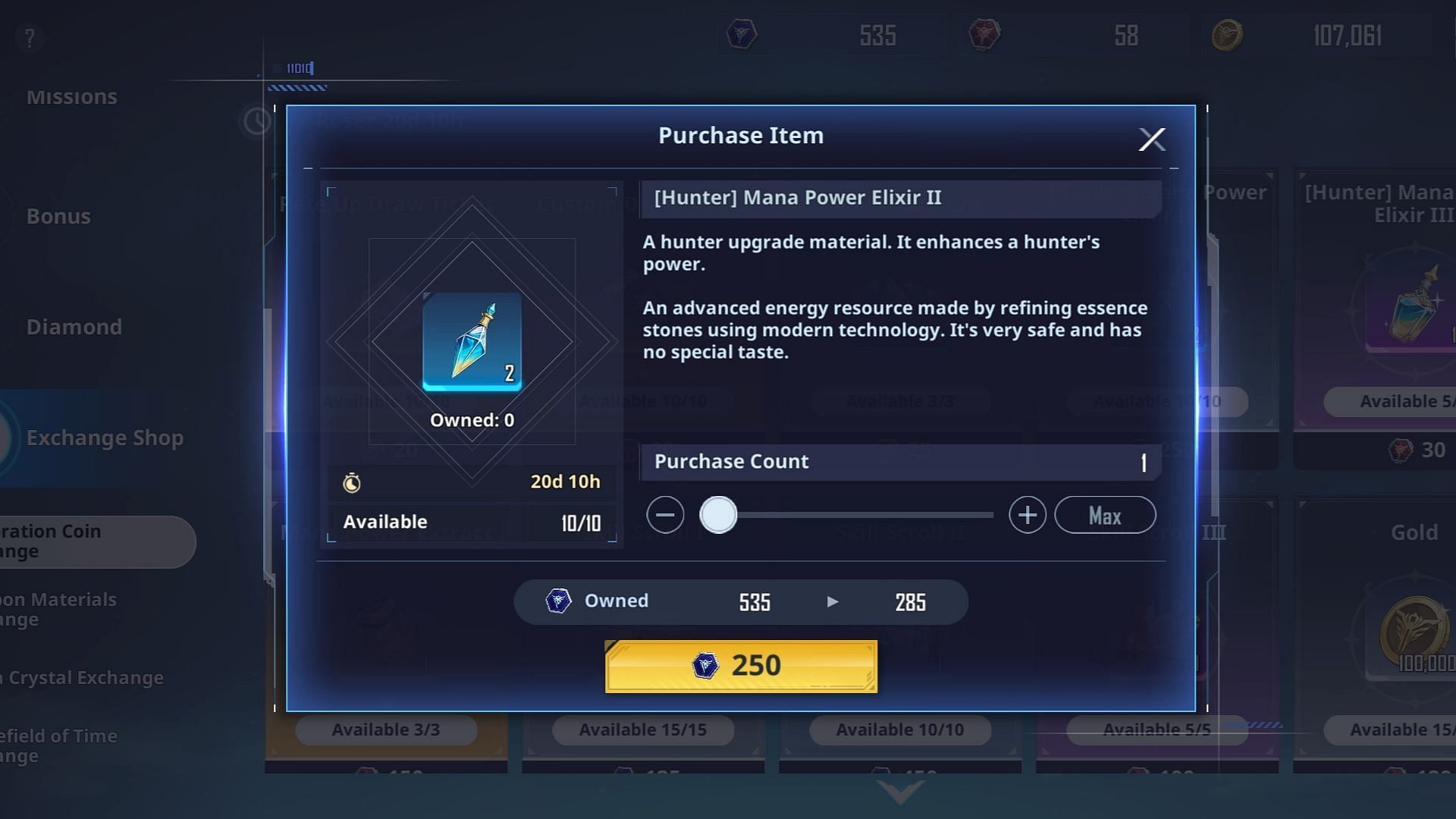 You can exchange Mana Power Elixir for Commemorative Coins at the Celebration Exchange Shop. (Image via Netmarble)