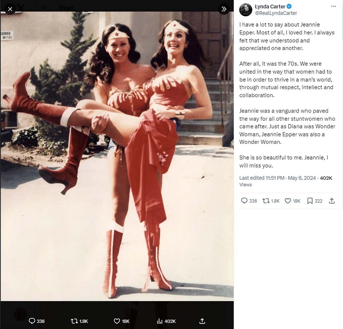 Lynda Carter&#039;s tribute to Jeannie Epper (Image via X/ @RealLyndaCarter)