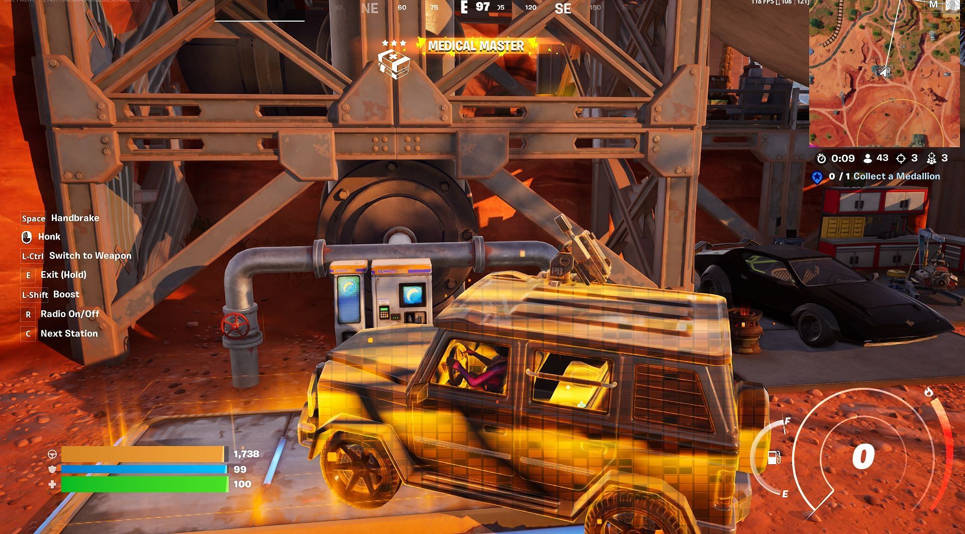 Your car will start glowing golden as the health is replenished (Image via Epic Games/Fortnite)