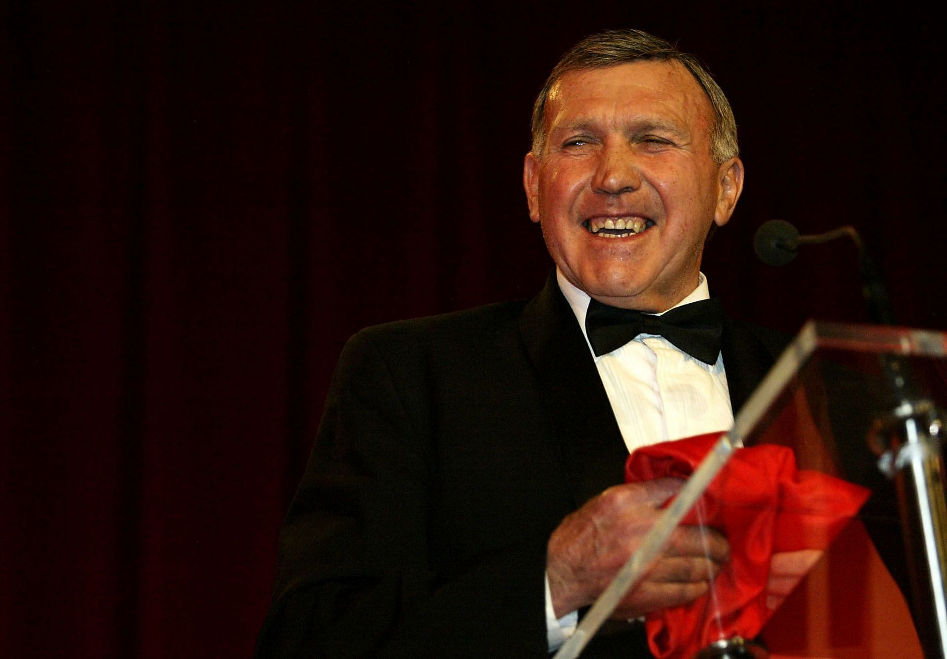 Team of the Century captain Bob Skilton speaks to the audience during the announcement of the Sydney Swans Team of the Century dinner at the Sydney Convention Centre August 8, 2003 in Sydney