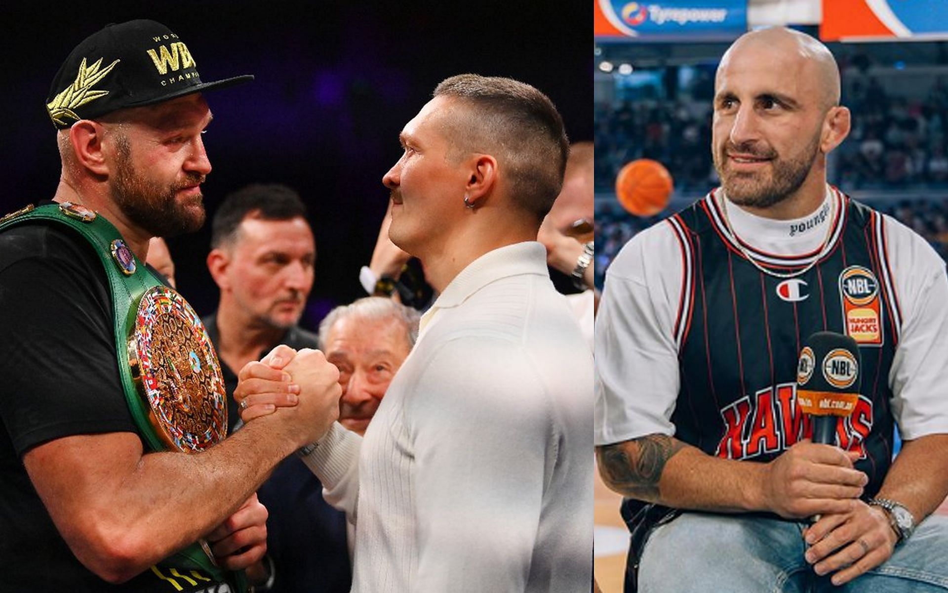 Alexander Volkanovski (right) believes Tyson Fury (left) might prevail over Oleksandr Usyk (center) this weekend [Images Courtesy: @DAZNBoxing X and @alexvolkanovski Instagram]
