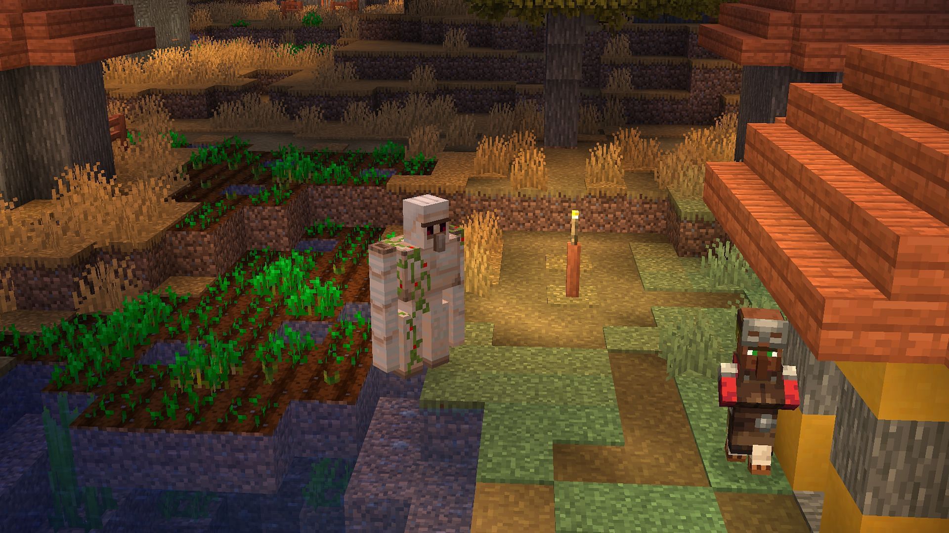 The easiest way to find an iron golem is to visit a nearby village (Image via Mojang)