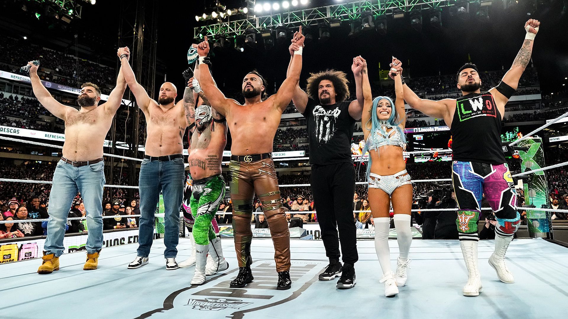 Andrade with Jason Kelce and the Latino World Order [Image via WWE.com]