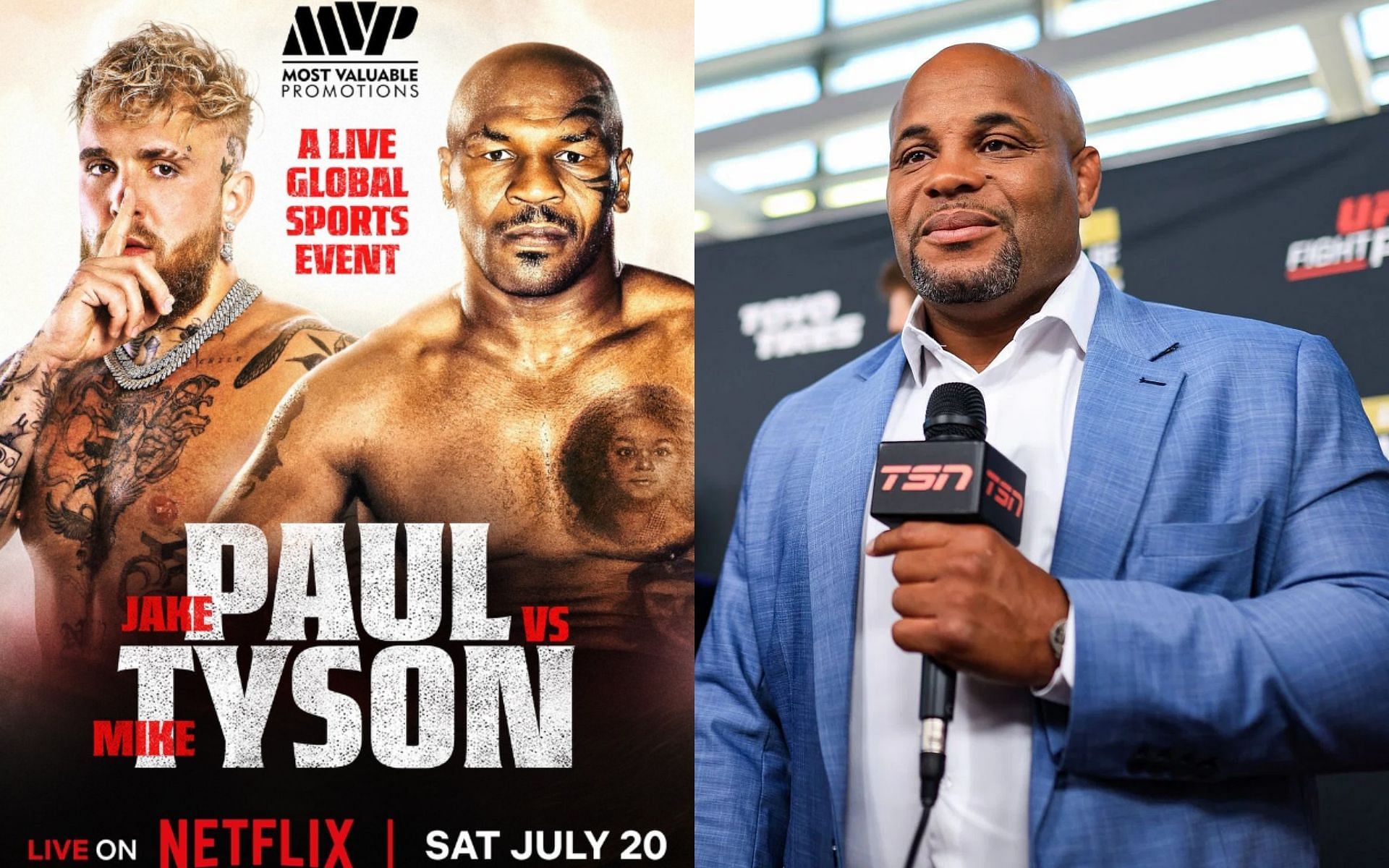 Jake Paul vs. Mike Tyson (left) receives a positive preview from Daniel Cormier (right) [Images Courtesy: @GettyImages, @jakepauil on Instagram]