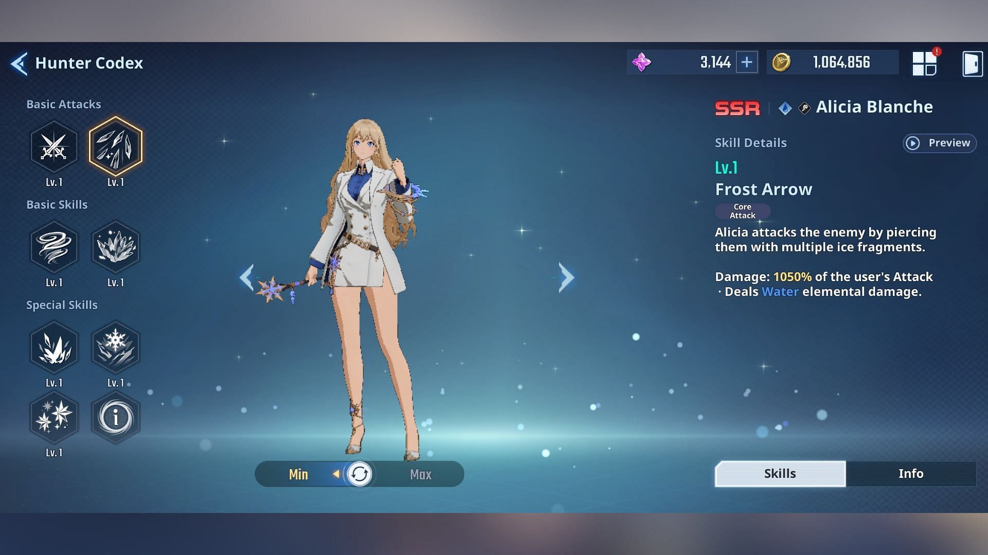 Alicia Blanche&#039;s skills can freeze enemies and apply shields to all enemies. (Image via Netmarble)