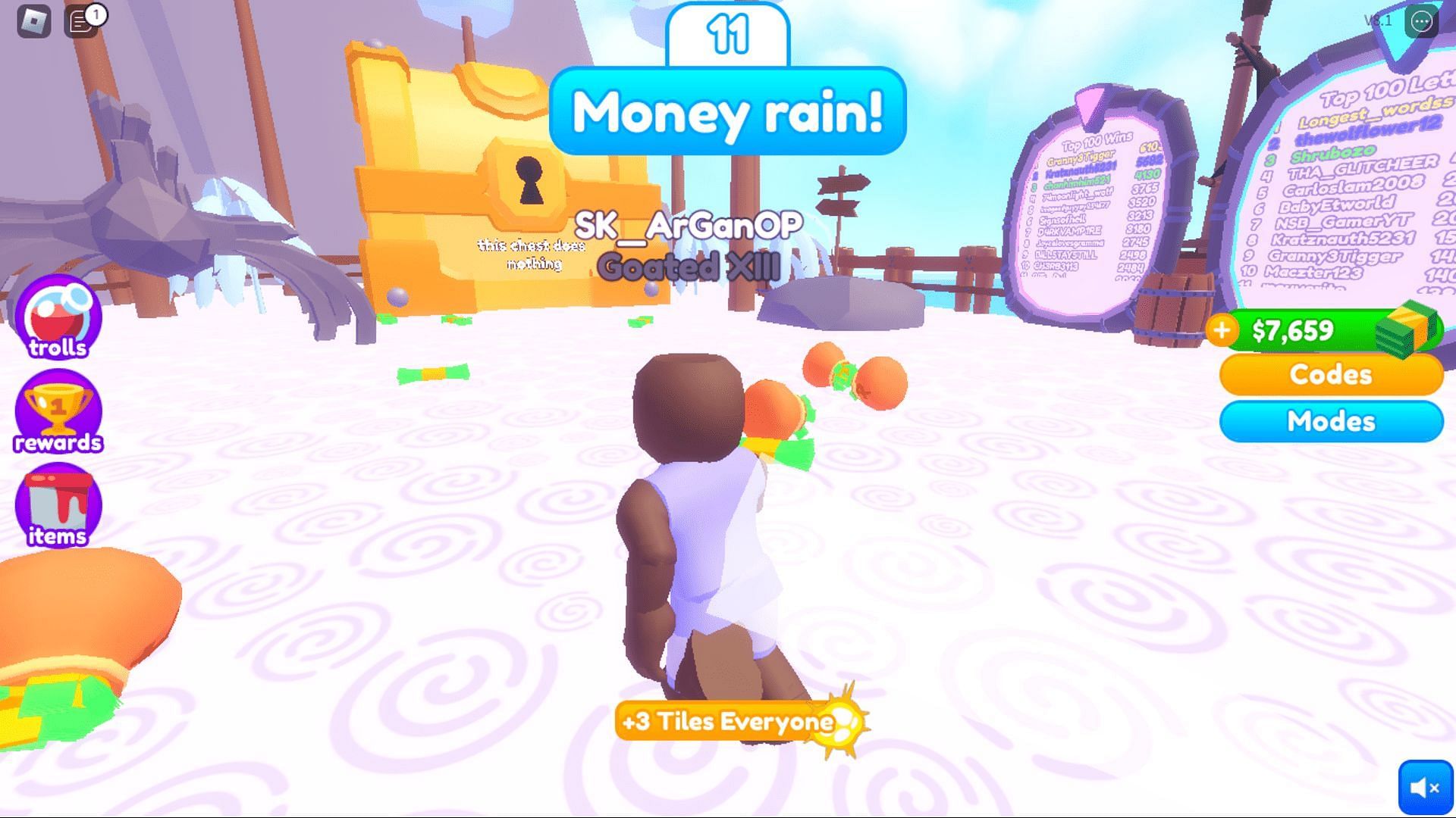 Screenshot of the after-round Money Rain in Shortest Answer Wins (Image via Roblox)