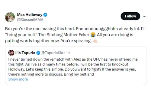 Max Holloway's tweet regarding Ilia Topuria's callout [Image Courtesy: @BlessedMMA - X]