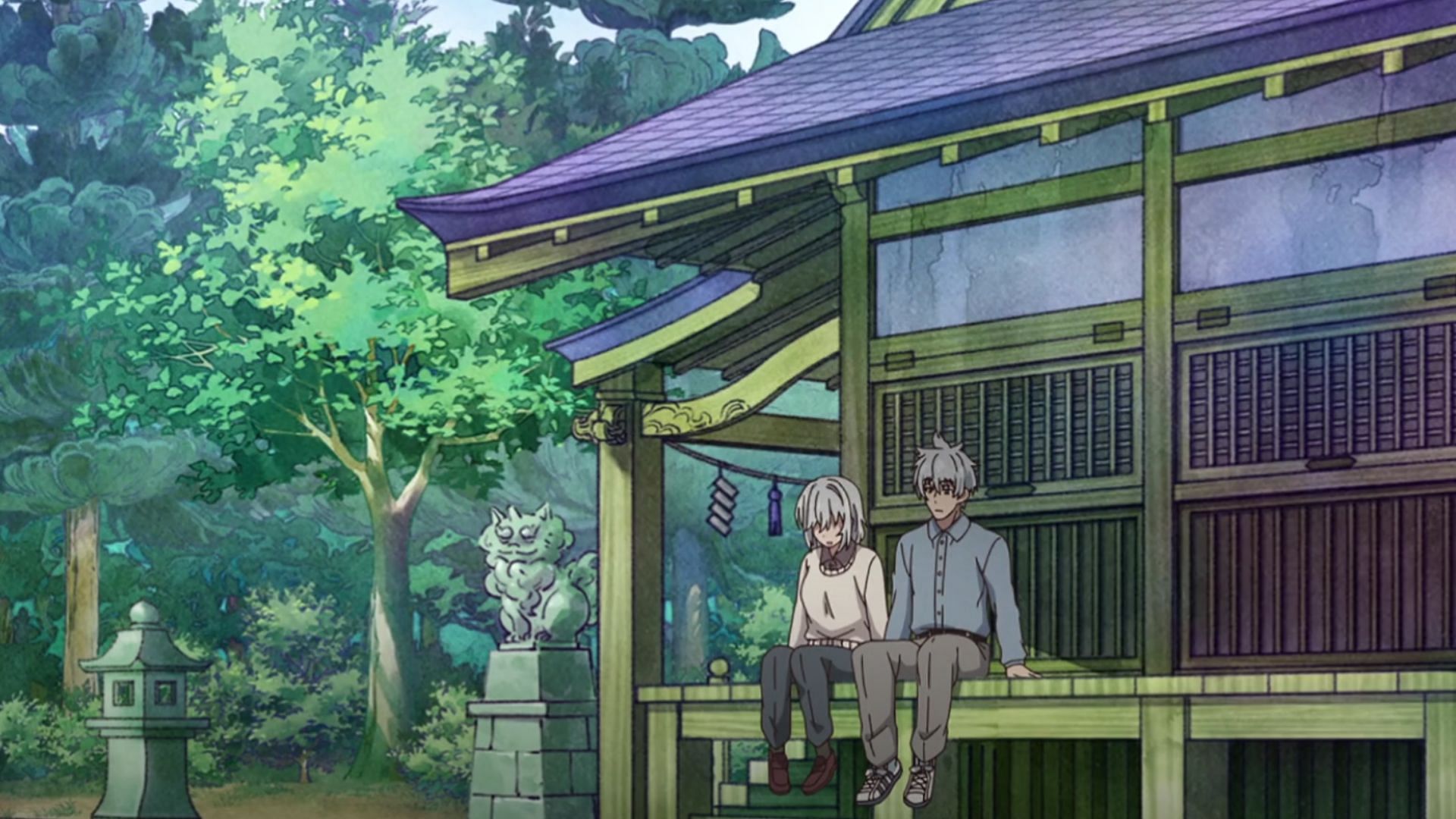 Ine and Shouzou at the shrine in Grandpa and Grandma Turn Young Again (Image via Gekko)