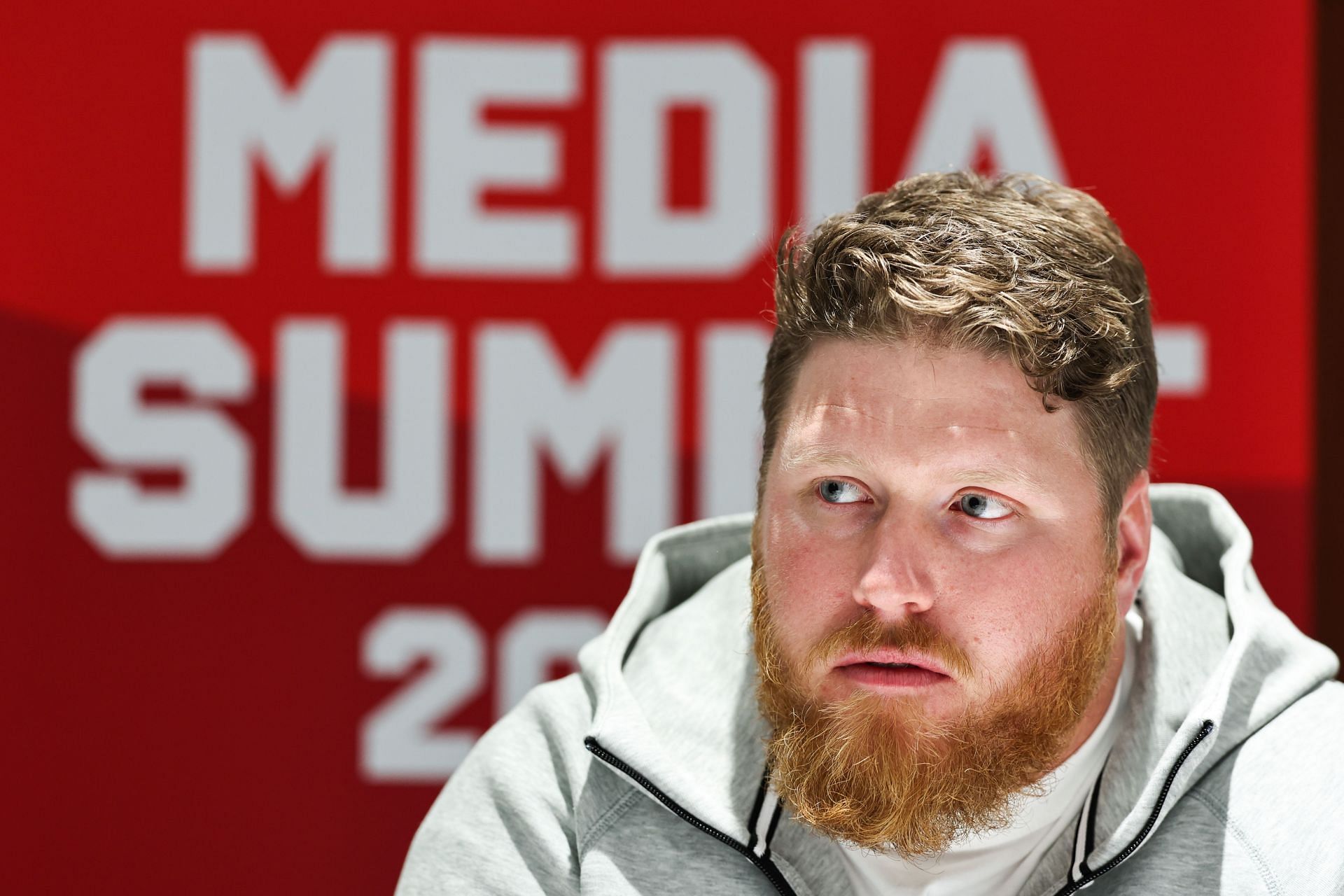 Ryan Crouser speaks during the Team USA Media Summit at the Marriott Marquis Hotel on April 17, 2024, in New York City.