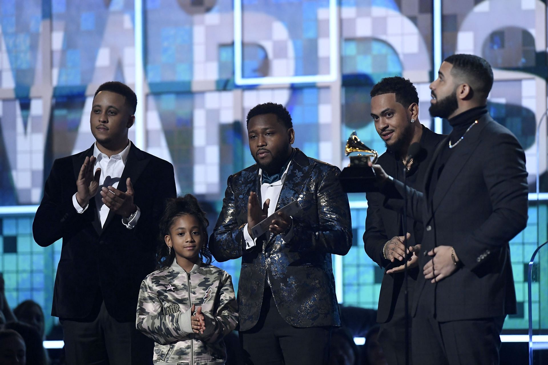 Drake (R) and songwriters accept Best Rap Song for &#039;God&#039;s Plan&#039; onstage during the 61st Annual GRAMMY Awards at Staples Center on February 10, 2019 in Los Angeles, California. (Photo by Kevork Djansezian/Getty Images)