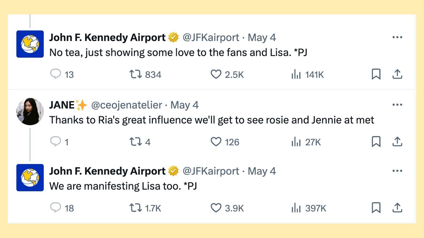 JFK Airport&#039;s official X account replied to a fan on the subject. (Images via X/@JFKAirport and @ceojenatelier)