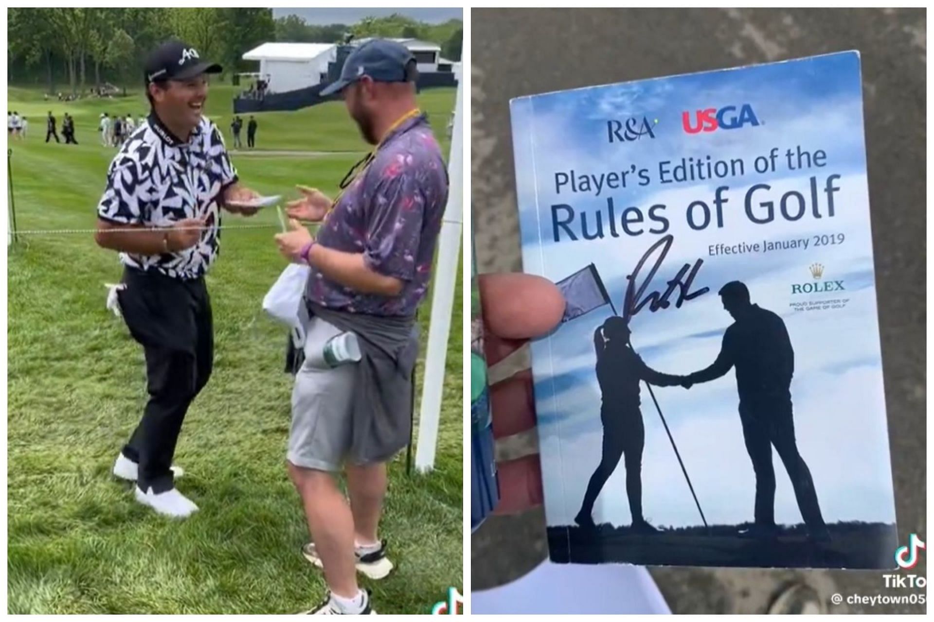 Patrick Reed signs a copy of the &lsquo;Player&rsquo;s edition of the rules of golf&rsquo; for fan