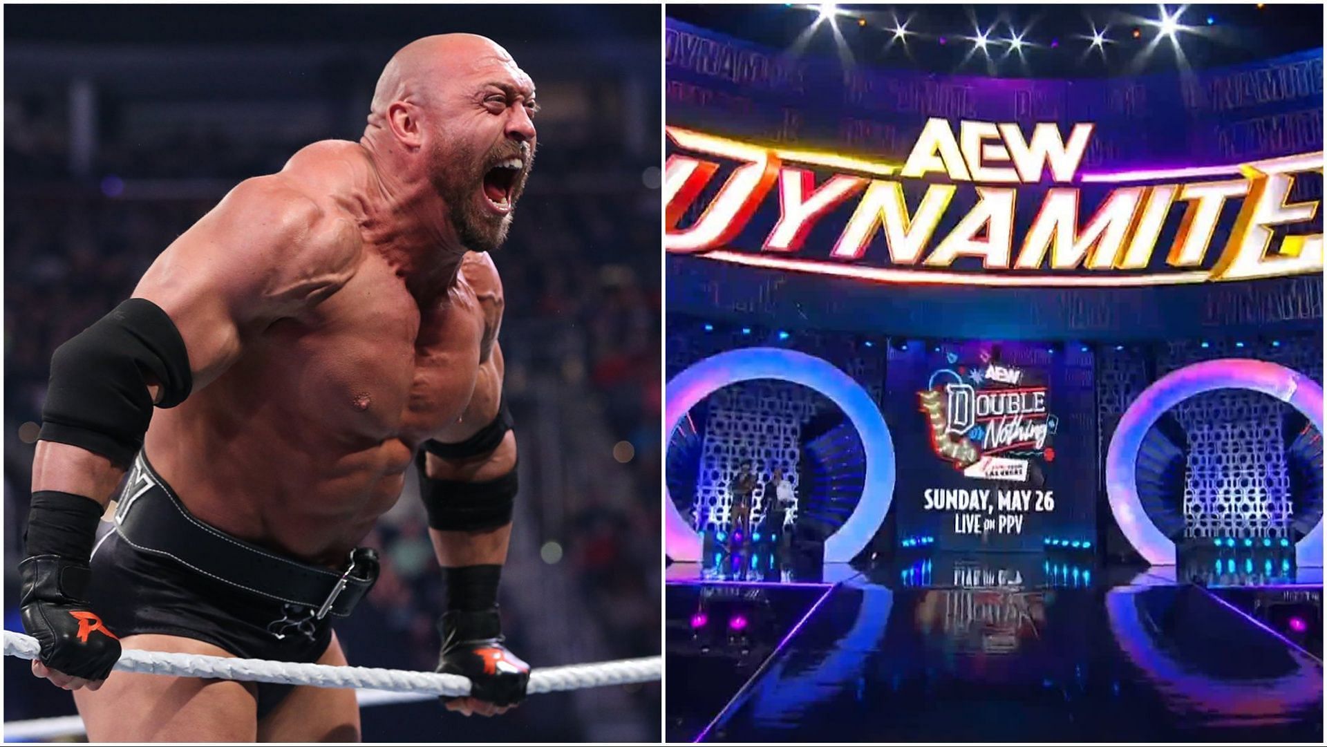 Ryback stands tall in the WWE ring, the stage and set for AEW Dynamite
