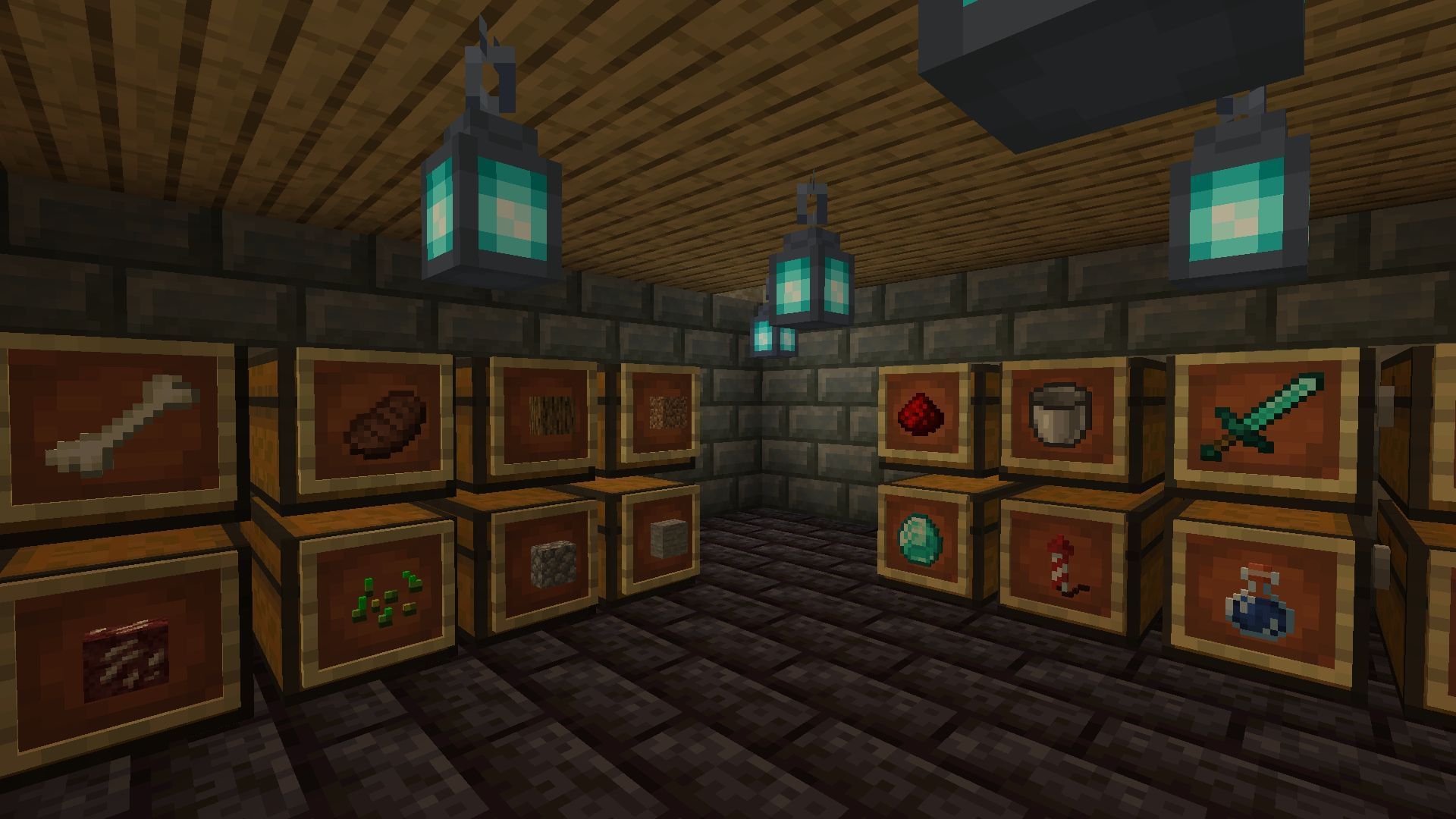 A portion of a survival base&#039;s storage area (Image via Mojang)