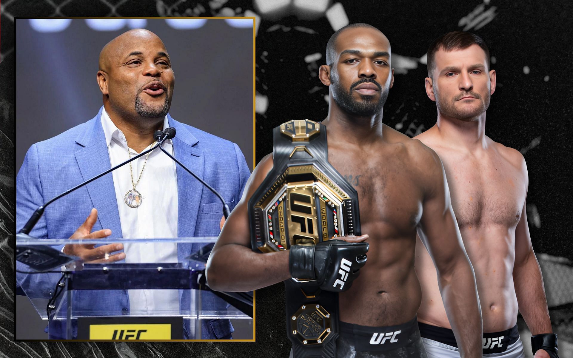 Daniel Cormier (inset) warns Jon Jones (center) not to under estimate Stipe Miocic (right). [Image courtesy: UFC &amp; Getty Images]