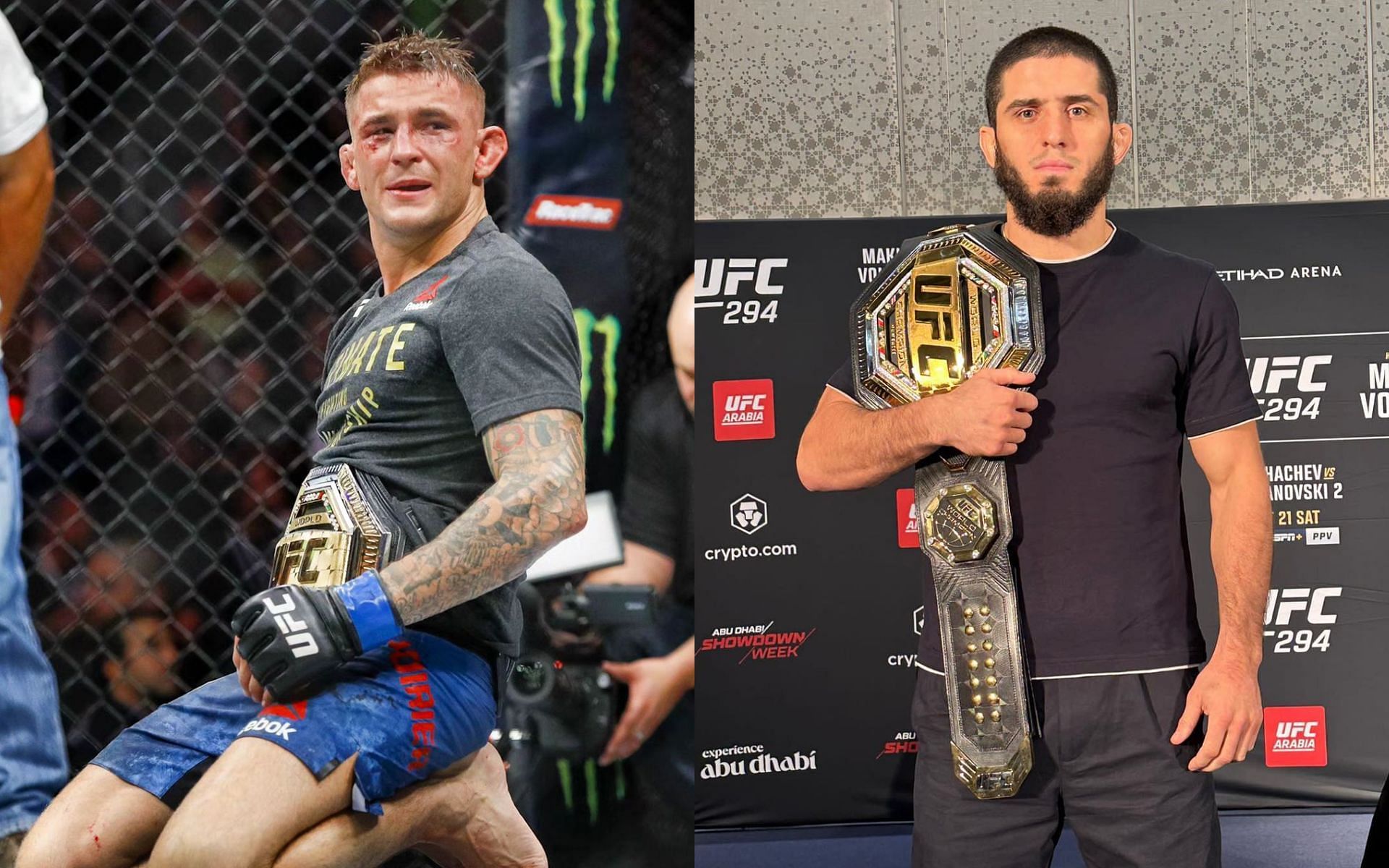 Former interim champion Dustin Poirier (left) believes his career will be complete with a win over lightweight champion Islam Makhachev (right) [Photo Courtesy @dustinpoirier and @islam_makhachev on Instagram]