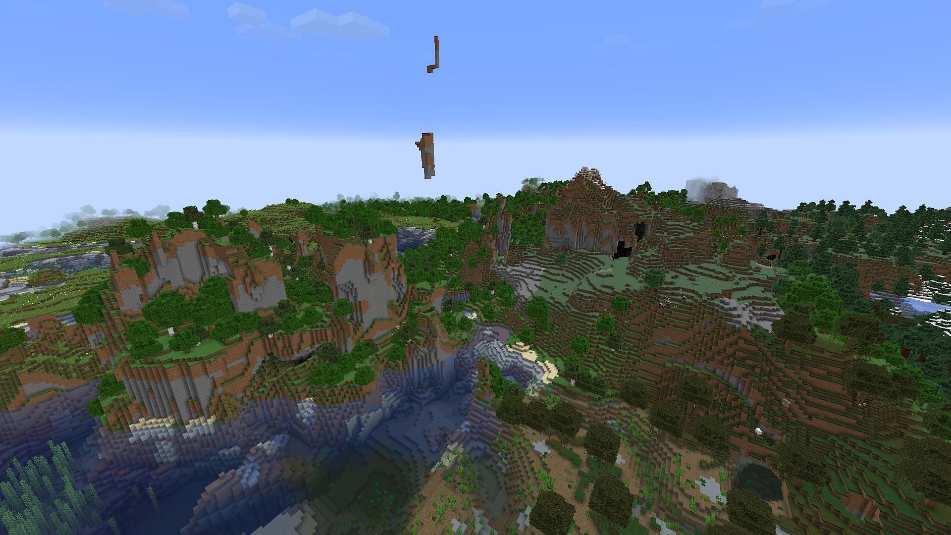 Strange hills with floating terrain found on the seed (Image via Mojang)