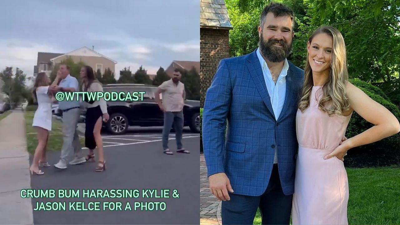 Kylie Kelce argues with a fan with Jason watching