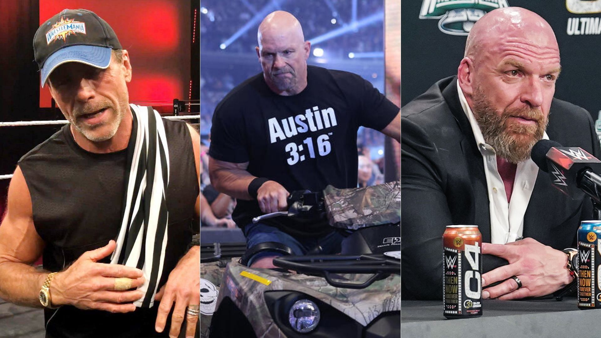 Left to right: Shawn Michaels, Steve Austin, and Triple H